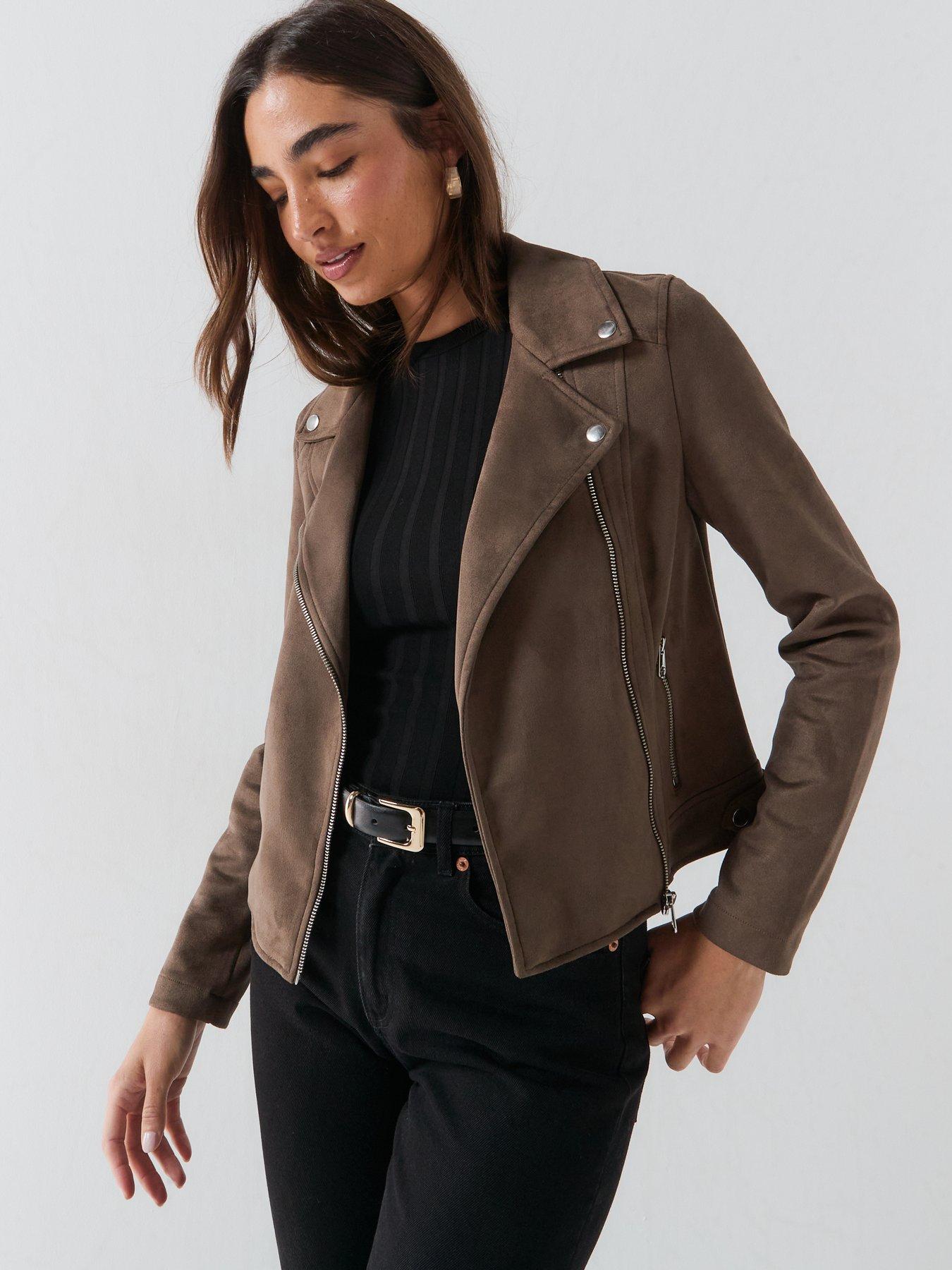 Image 4 of 5 of Vero Moda Women's Faux Suede Biker Jacket - Brown