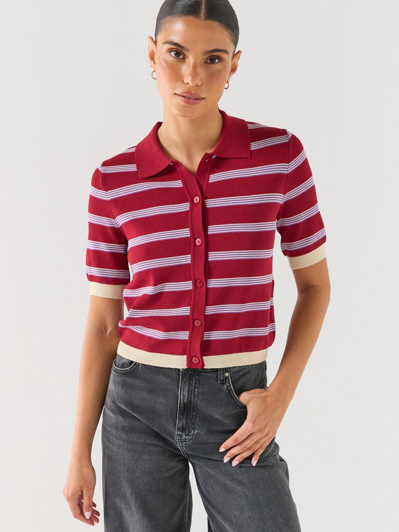 Image 1 of 6 of Vero Moda Women's Striped Polo Collar Short Sleeve Cardigan - Red