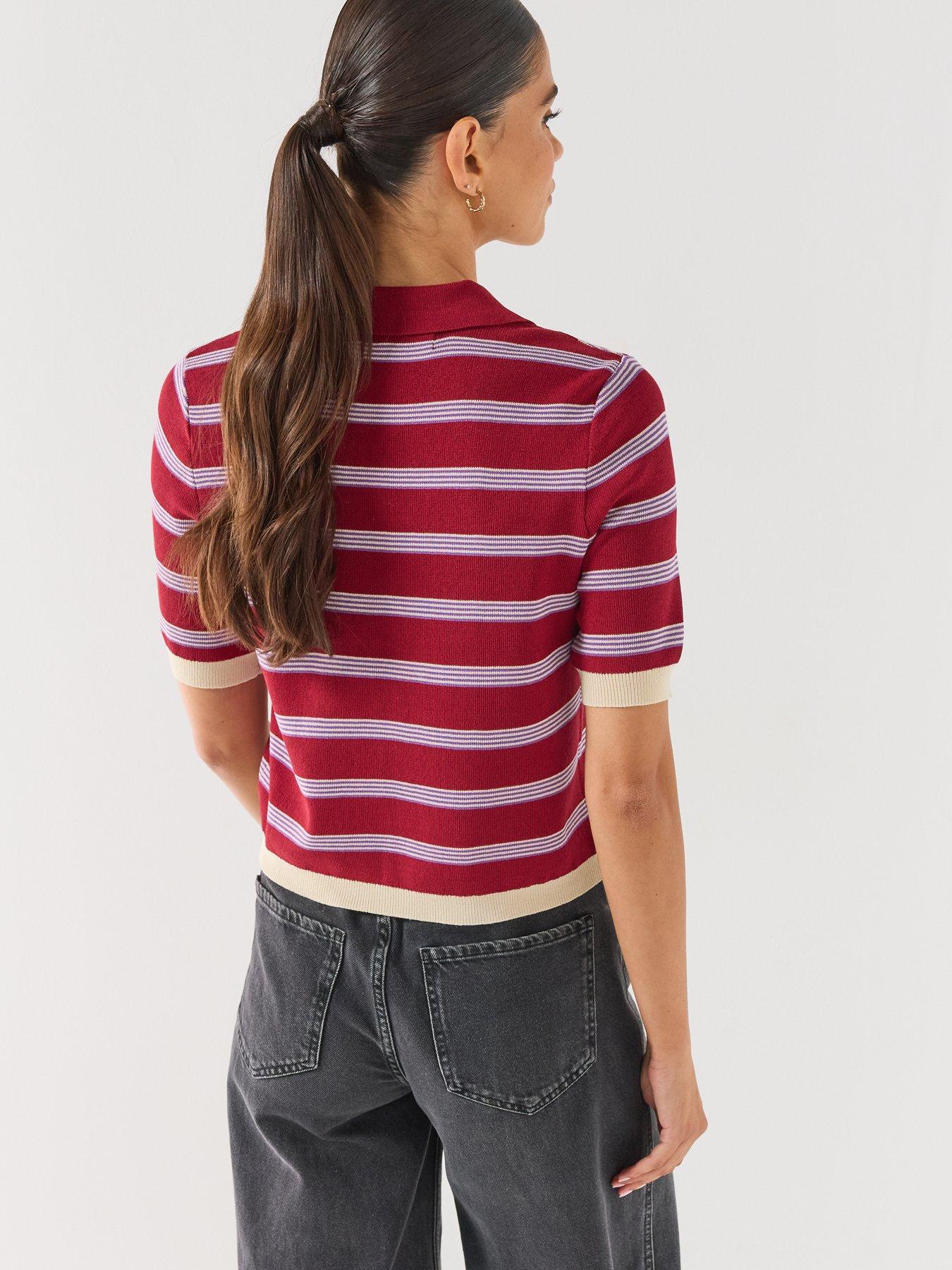 Image 2 of 6 of Vero Moda Women's Striped Polo Collar Short Sleeve Cardigan - Red