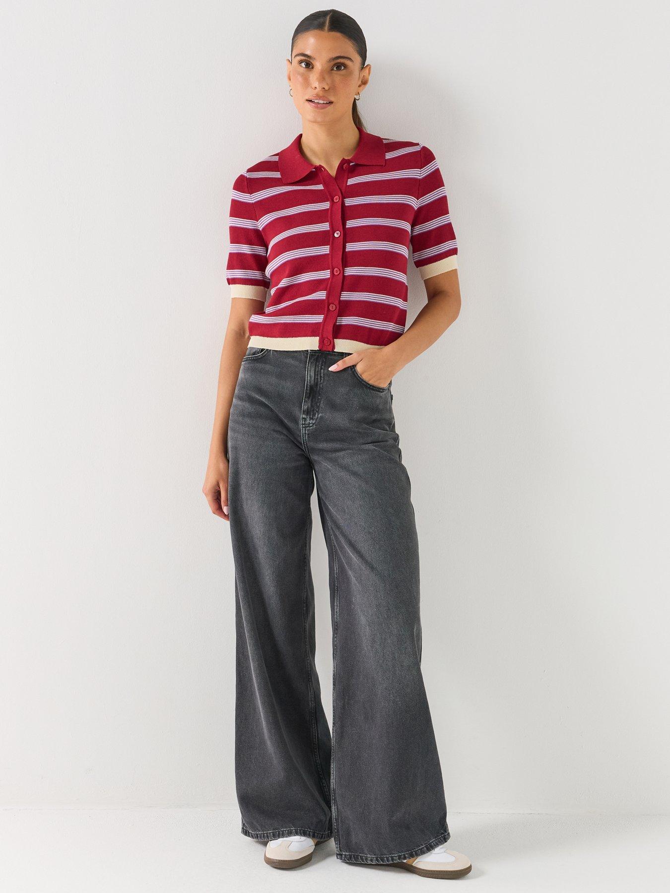 Image 3 of 6 of Vero Moda Women's Striped Polo Collar Short Sleeve Cardigan - Red