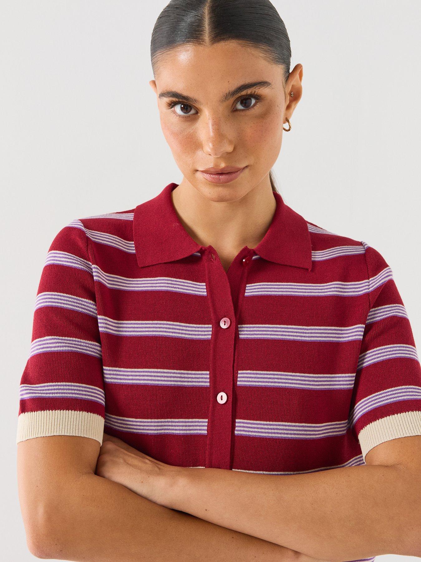 Image 4 of 6 of Vero Moda Women's Striped Polo Collar Short Sleeve Cardigan - Red