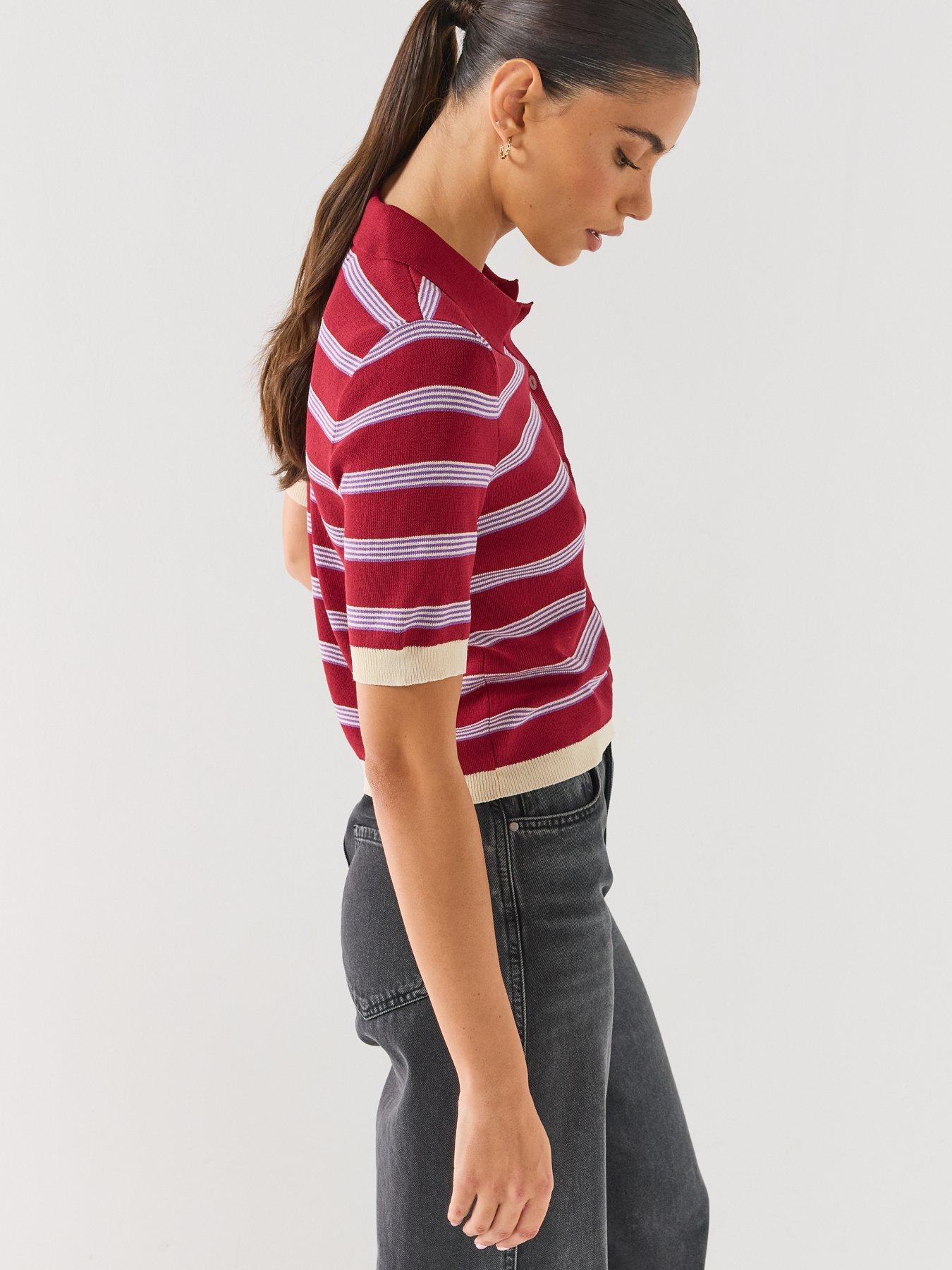 Image 5 of 6 of Vero Moda Women's Striped Polo Collar Short Sleeve Cardigan - Red
