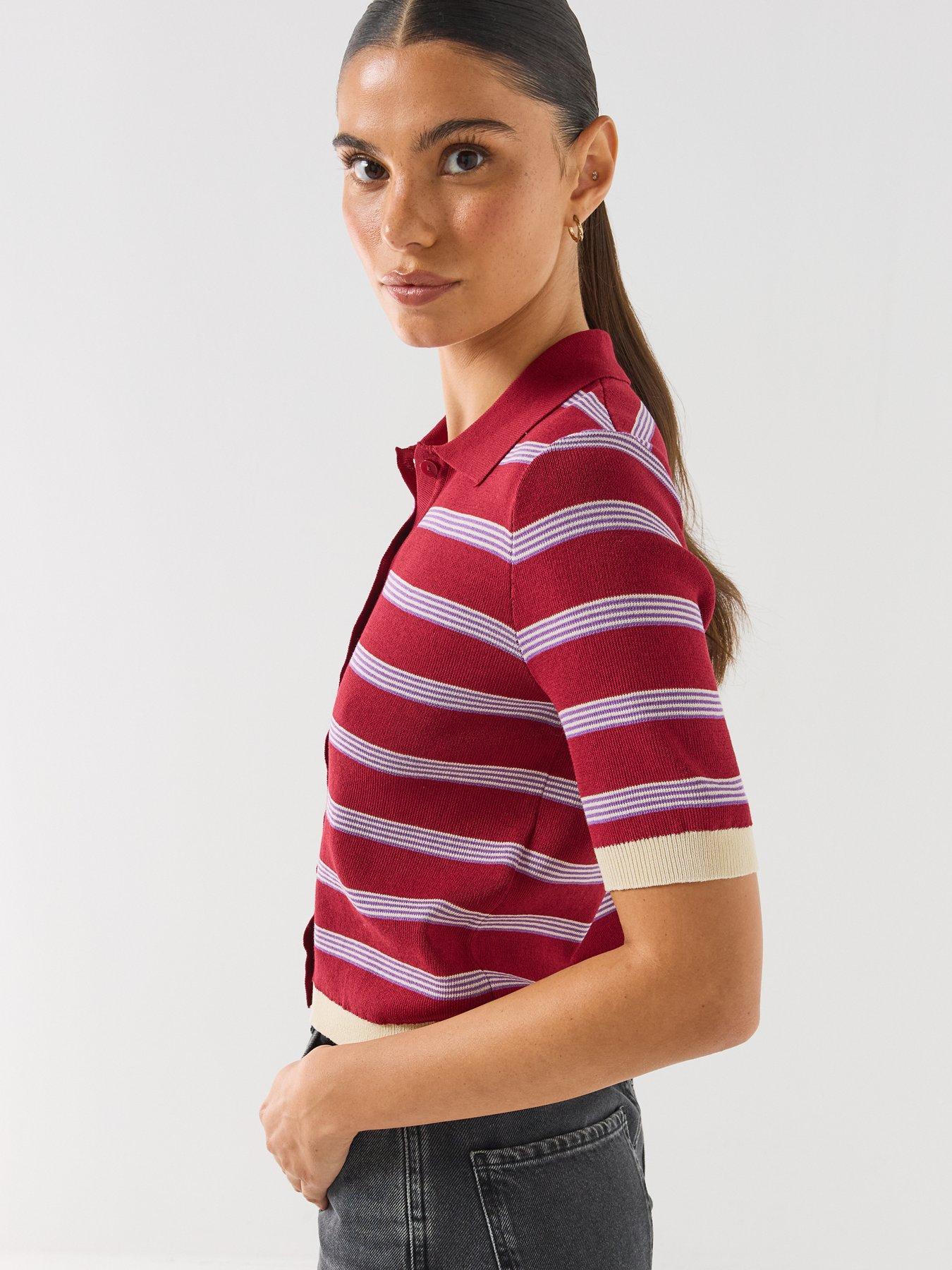 Image 6 of 6 of Vero Moda Women's Striped Polo Collar Short Sleeve Cardigan - Red