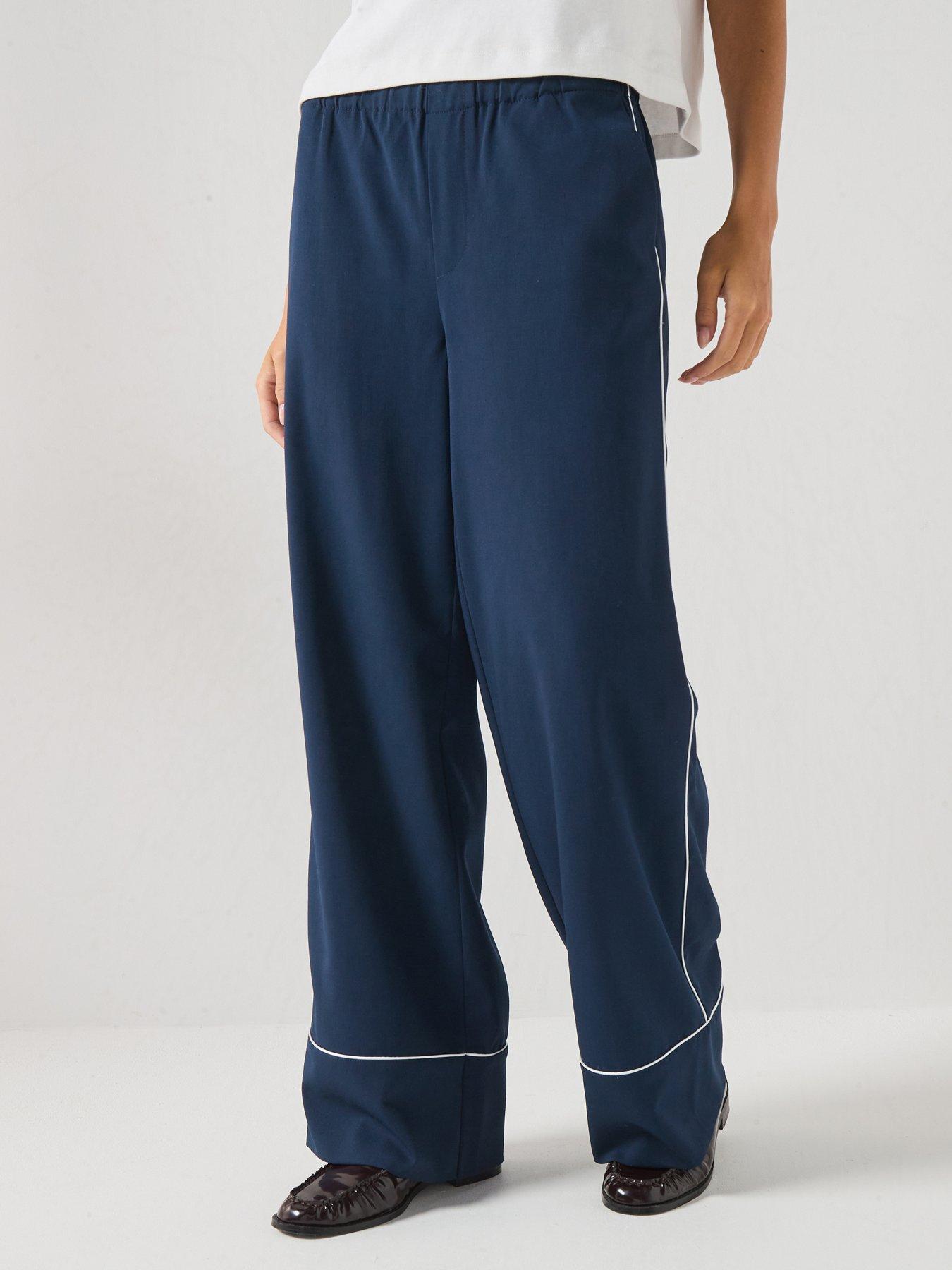 Image 1 of 6 of Vero Moda Linen Rich Wide Leg Trousers with Side Piping Detail - Navy Blue
