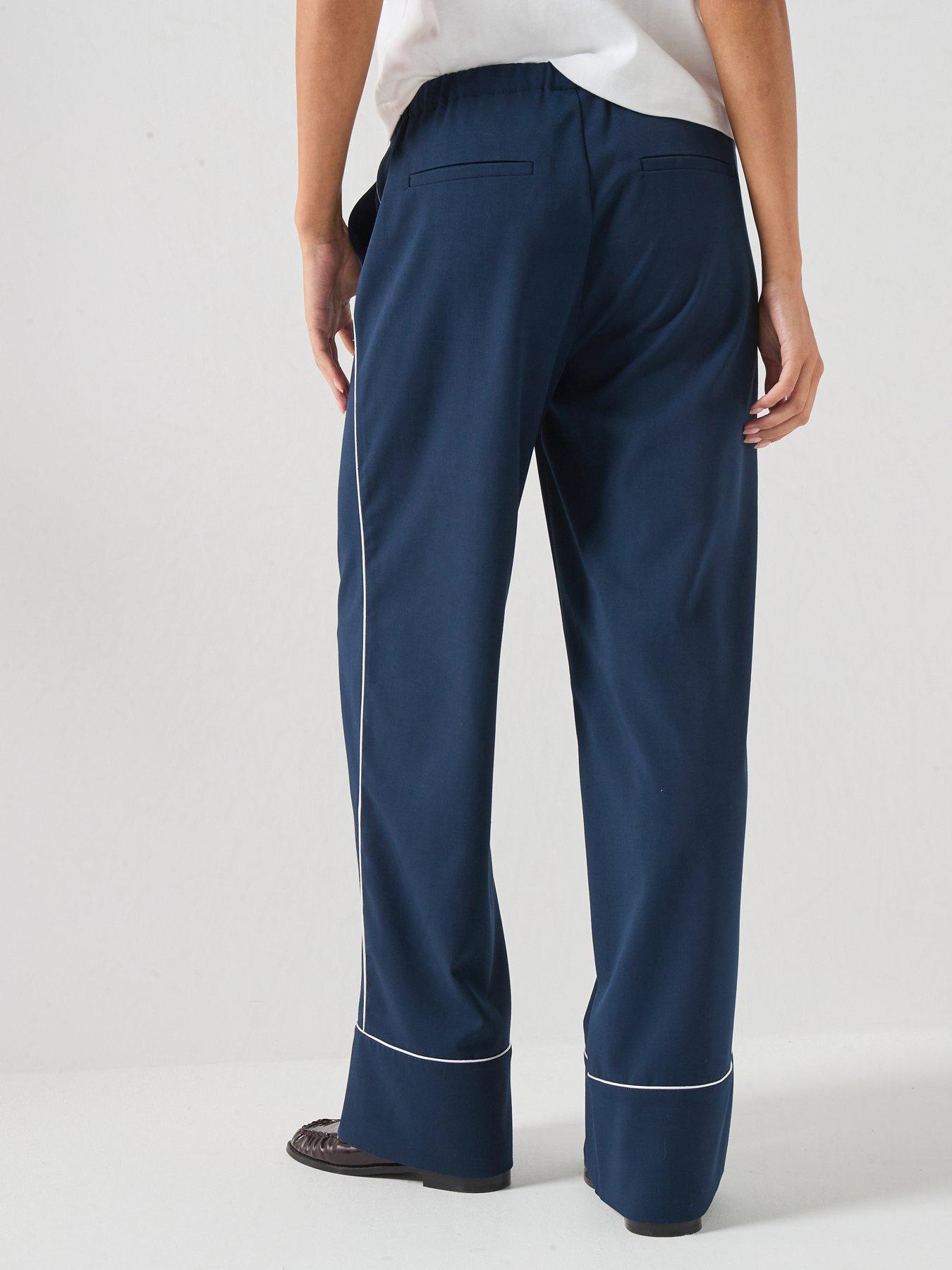 Image 2 of 6 of Vero Moda Linen Rich Wide Leg Trousers with Side Piping Detail - Navy Blue