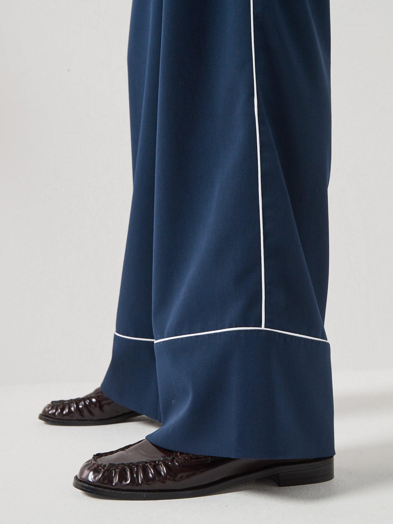 Image 4 of 6 of Vero Moda Linen Rich Wide Leg Trousers with Side Piping Detail - Navy Blue