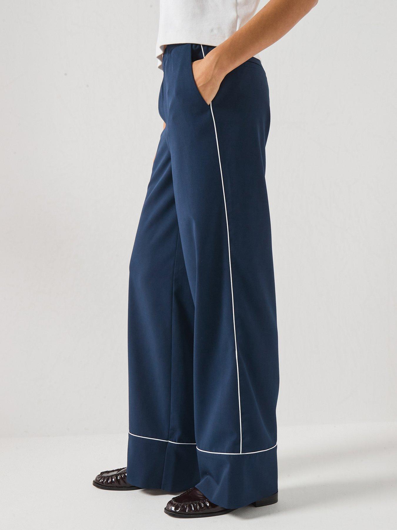 Image 5 of 6 of Vero Moda Linen Rich Wide Leg Trousers with Side Piping Detail - Navy Blue