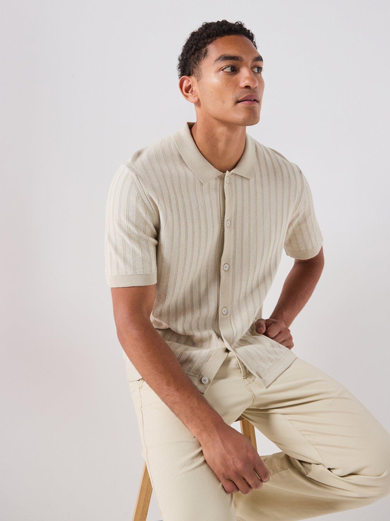 BOSS Kodd Striped Knitted Short Sleeve Shirt - Light Beige