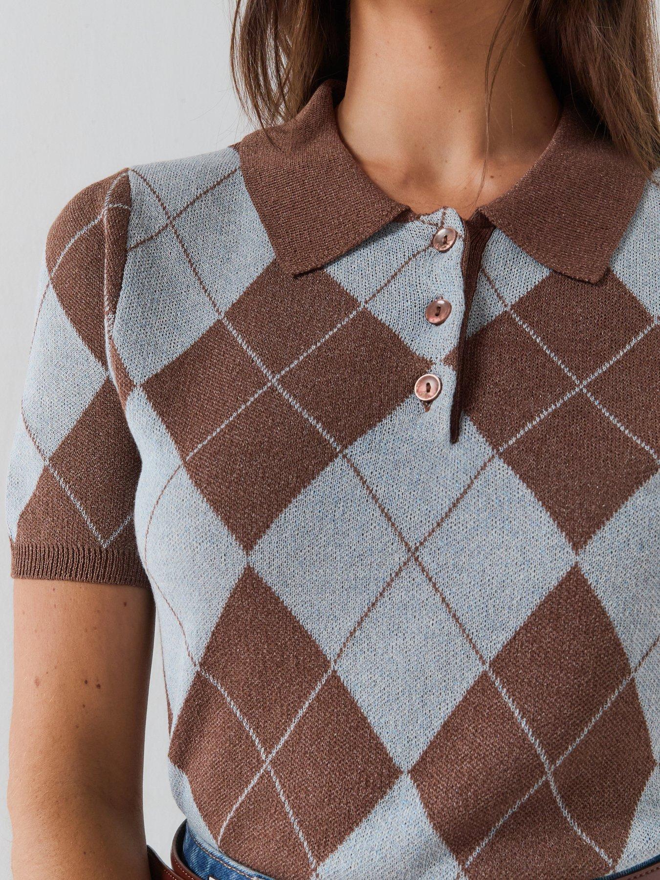 Image 5 of 5 of Vero Moda Short Sleeve Argyle Jumper - Brown