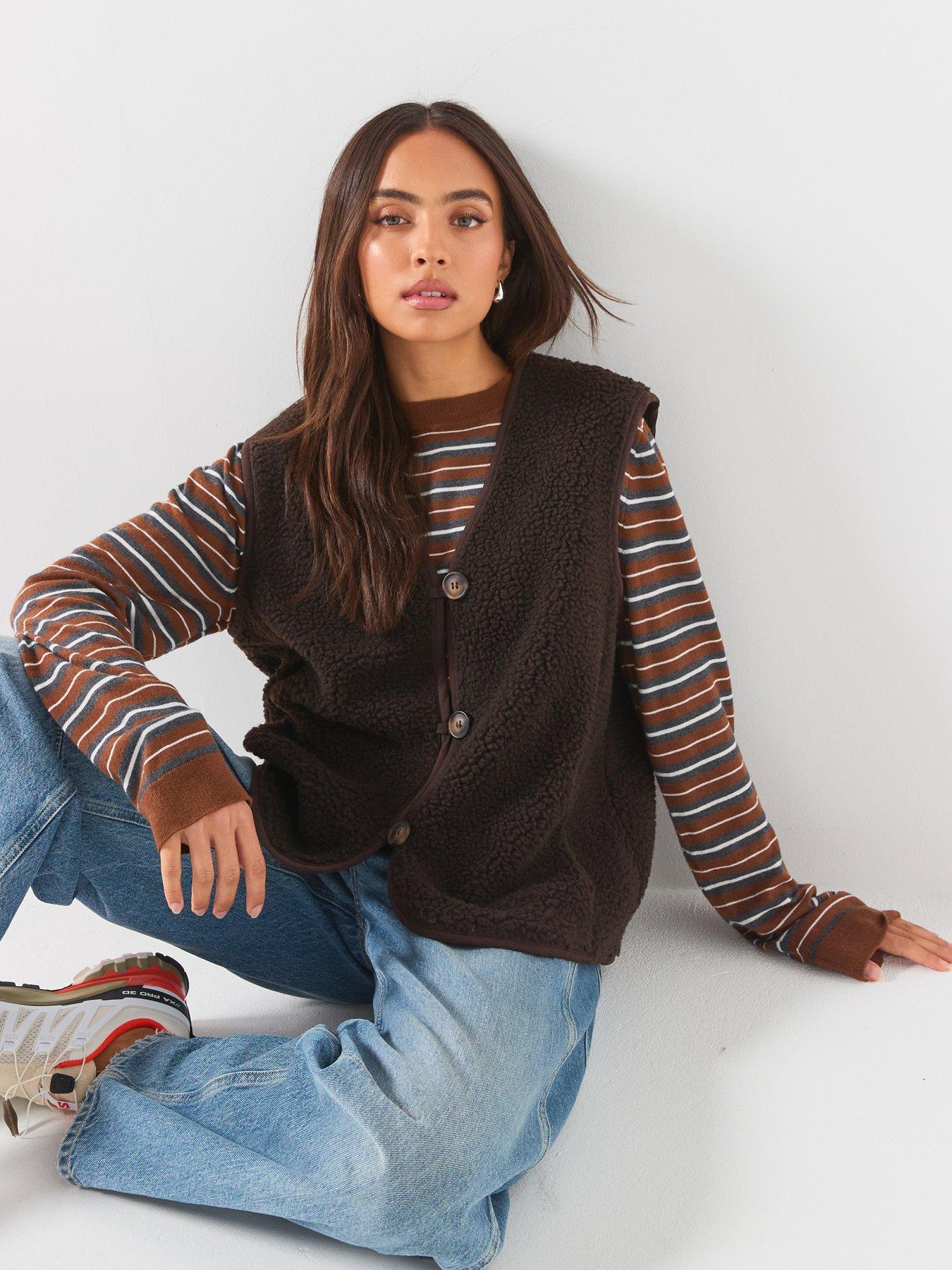Image 1 of 6 of Vero Moda Women's Button Front Fleece Waistcoat - Brown