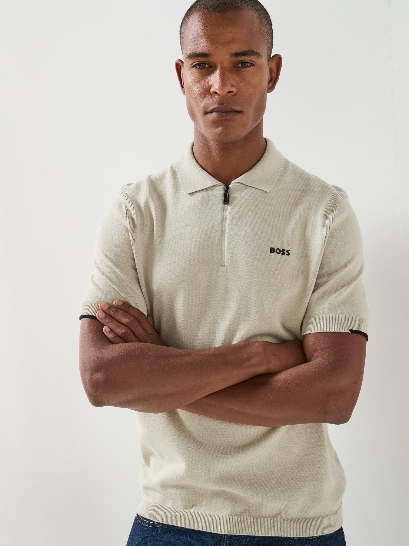 BOSS Ever X Relaxed Fit 1/4 Zip Knitted Polo Shirt - Light Beige