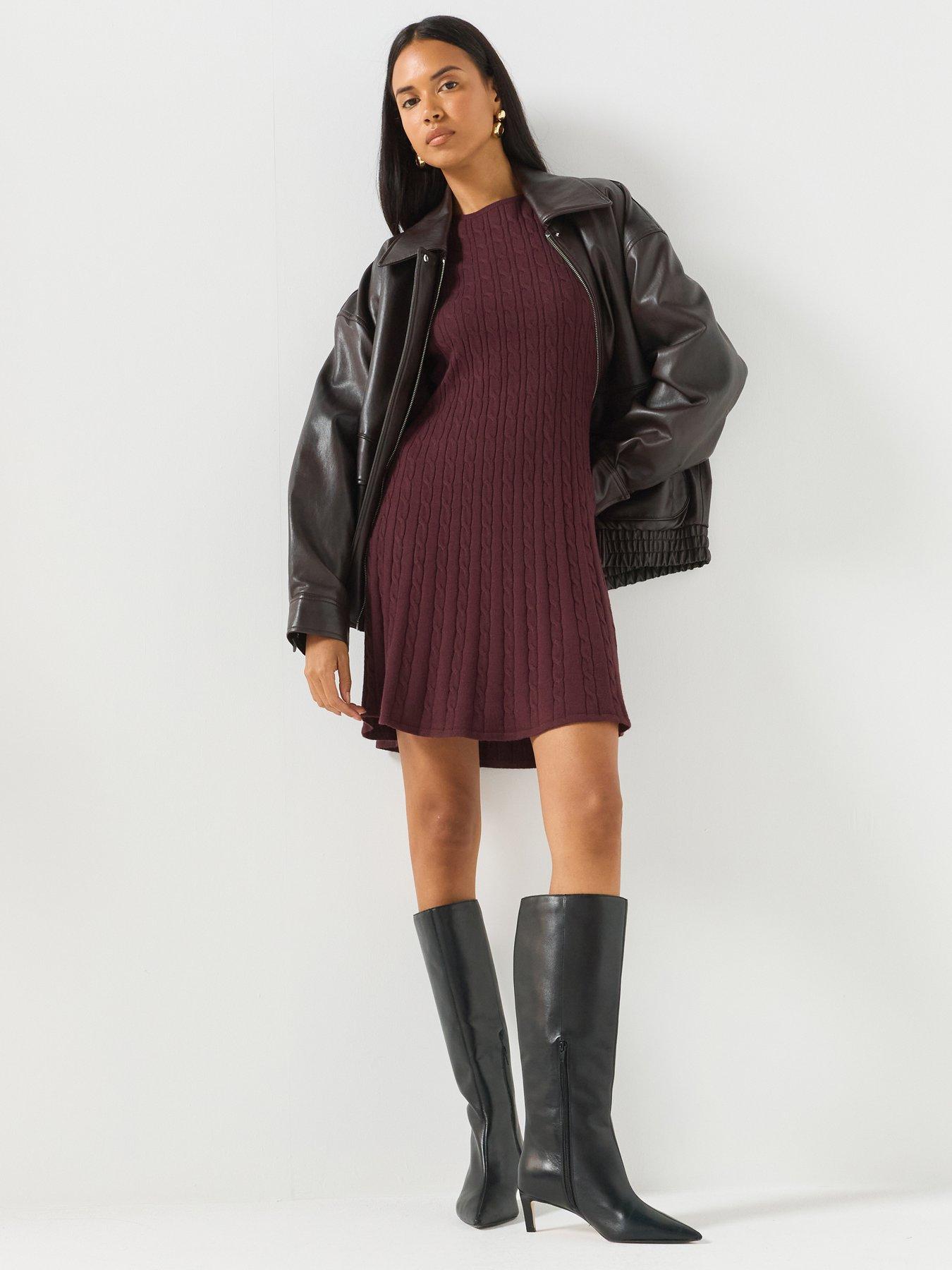 Image 1 of 6 of Only Cable Knit Round Neck Short Dress - Brown