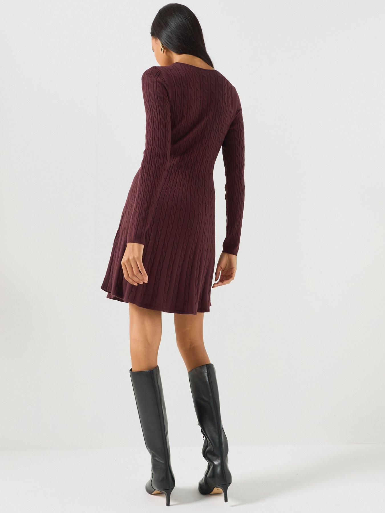 Image 2 of 6 of Only Cable Knit Round Neck Short Dress - Brown
