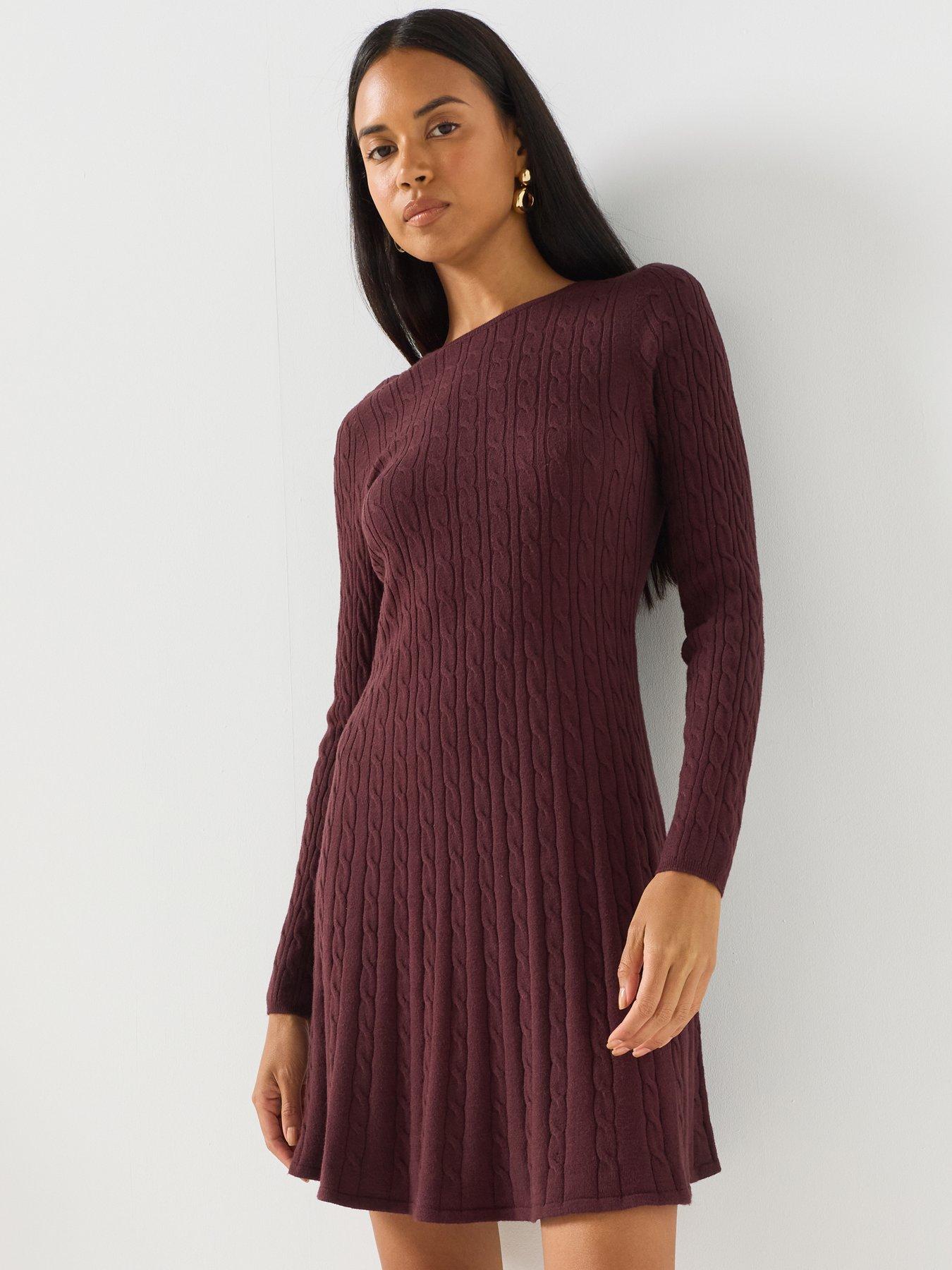 Image 3 of 6 of Only Cable Knit Round Neck Short Dress - Brown