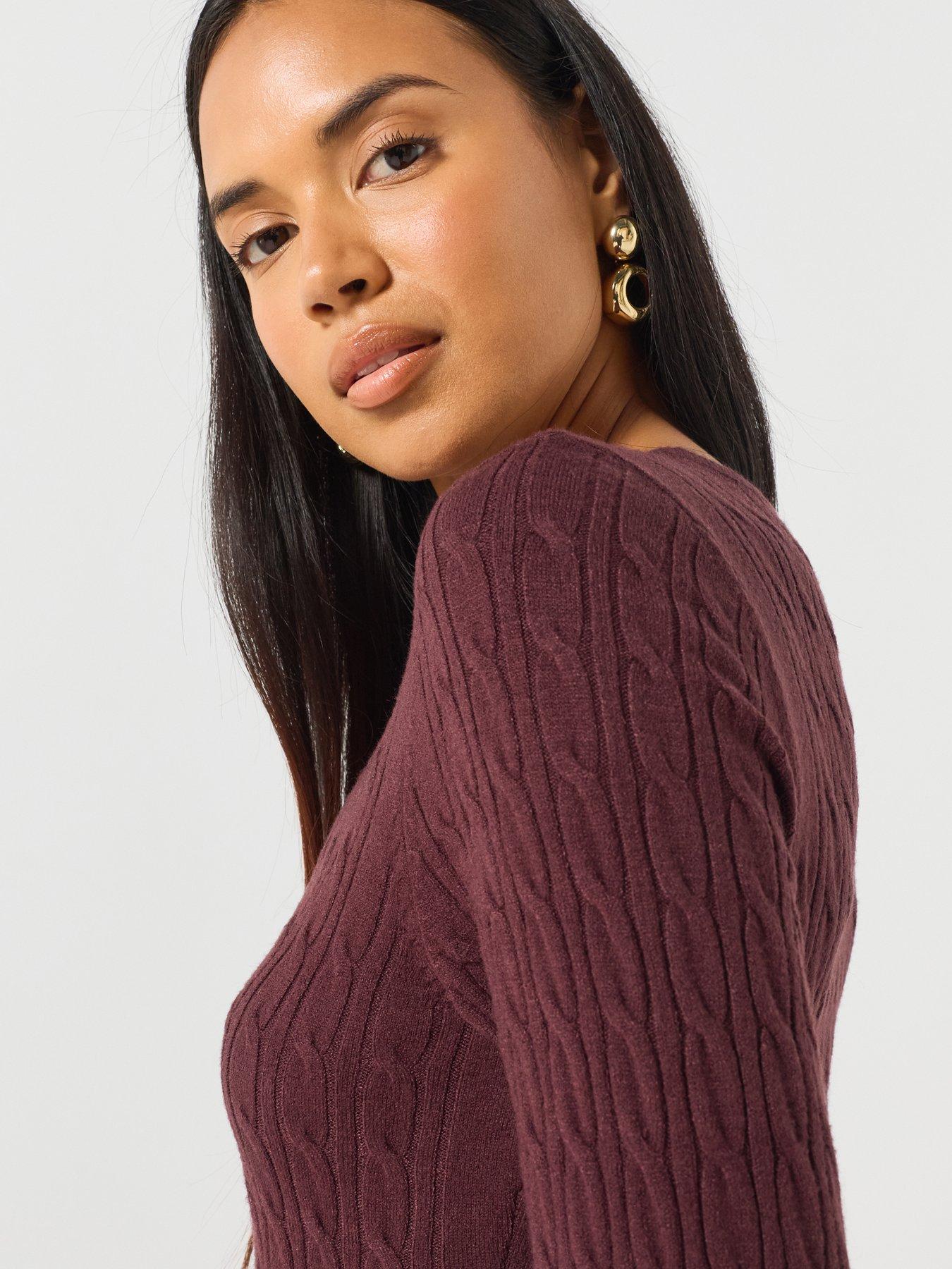 Image 4 of 6 of Only Cable Knit Round Neck Short Dress - Brown