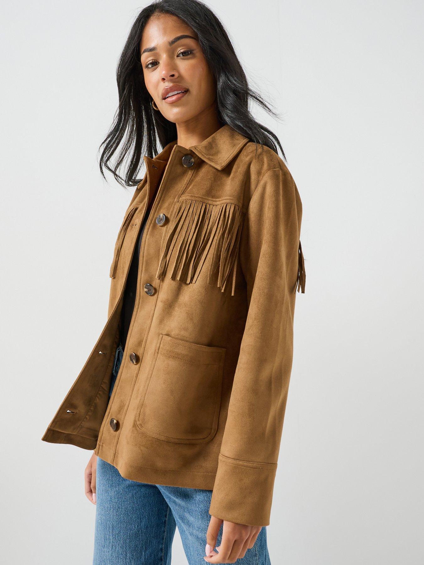 Image 1 of 6 of Only Tan Faux Suede Fringe Jacket