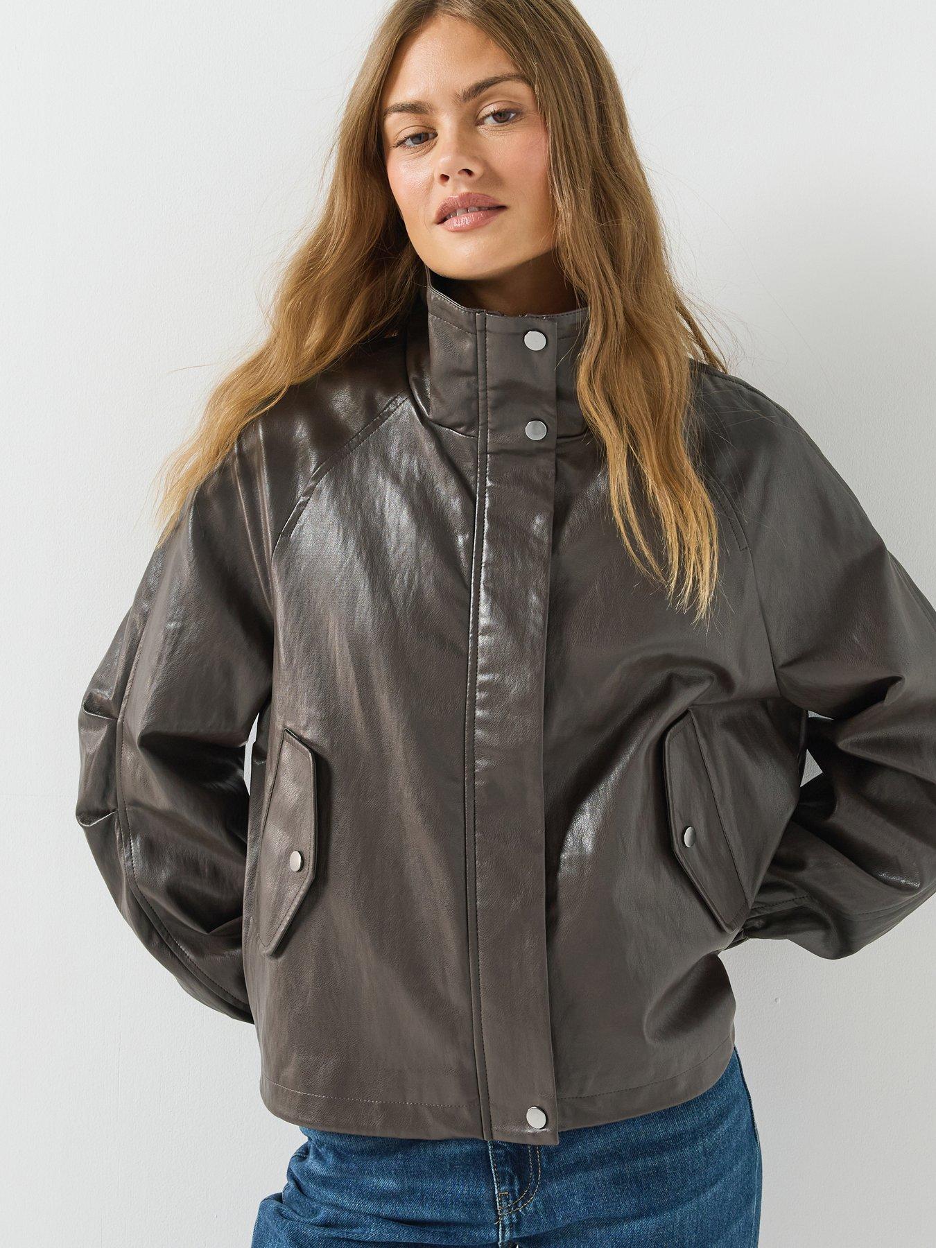Image 1 of 6 of Only Faux Leather Funnel Neck Bomber Jacket