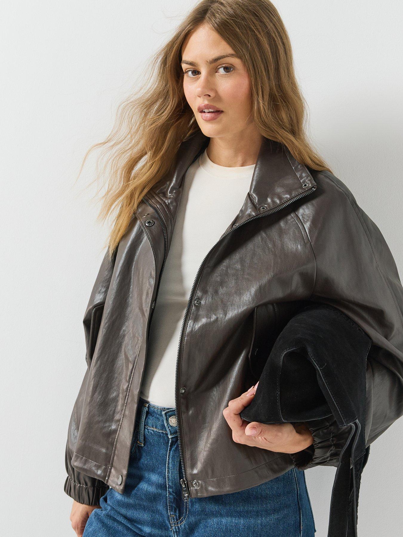Image 4 of 6 of Only Faux Leather Funnel Neck Bomber Jacket
