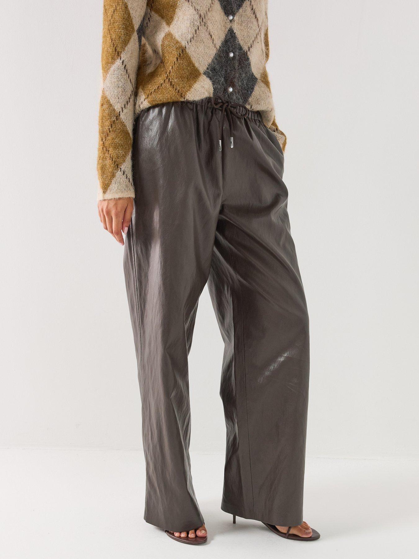 Only Wide Leg Pull Up Faux Leather Trousers - Black