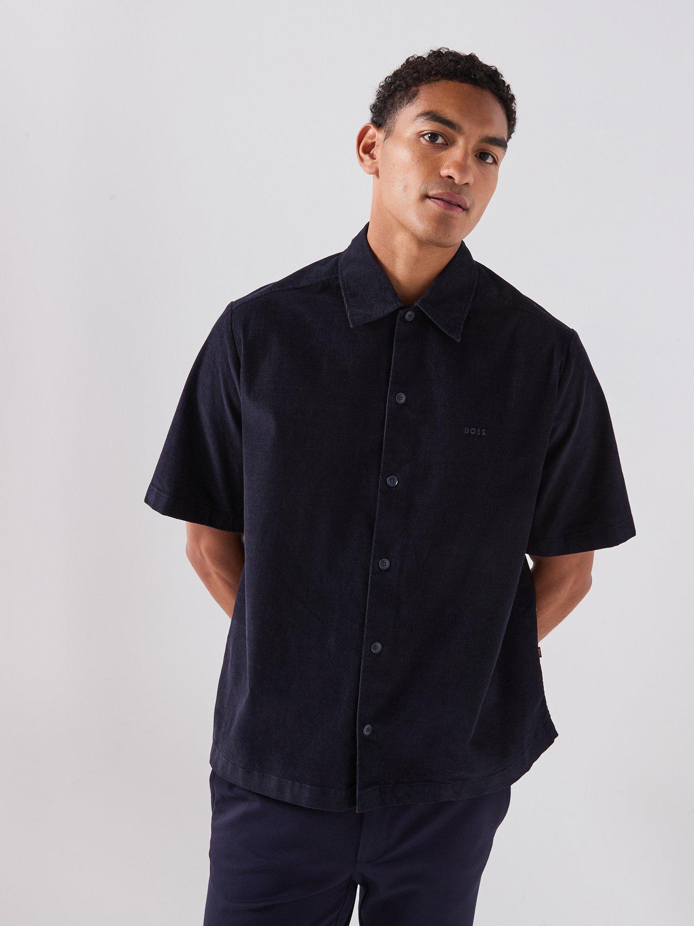BOSS Lakith_M Baby Cord Revere Collar Short Sleeve Shirt - Navy