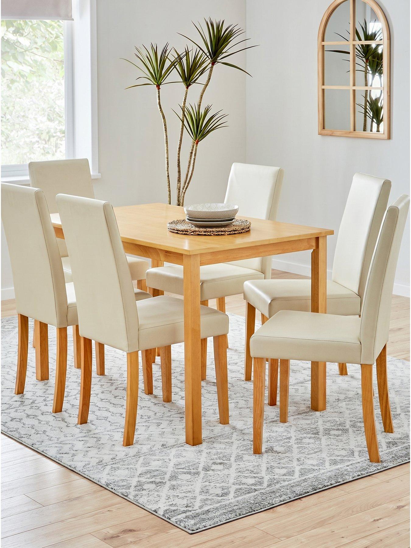 The Very Collection Primo Oak 150cm & 6 Faux Leather Cream Chairs