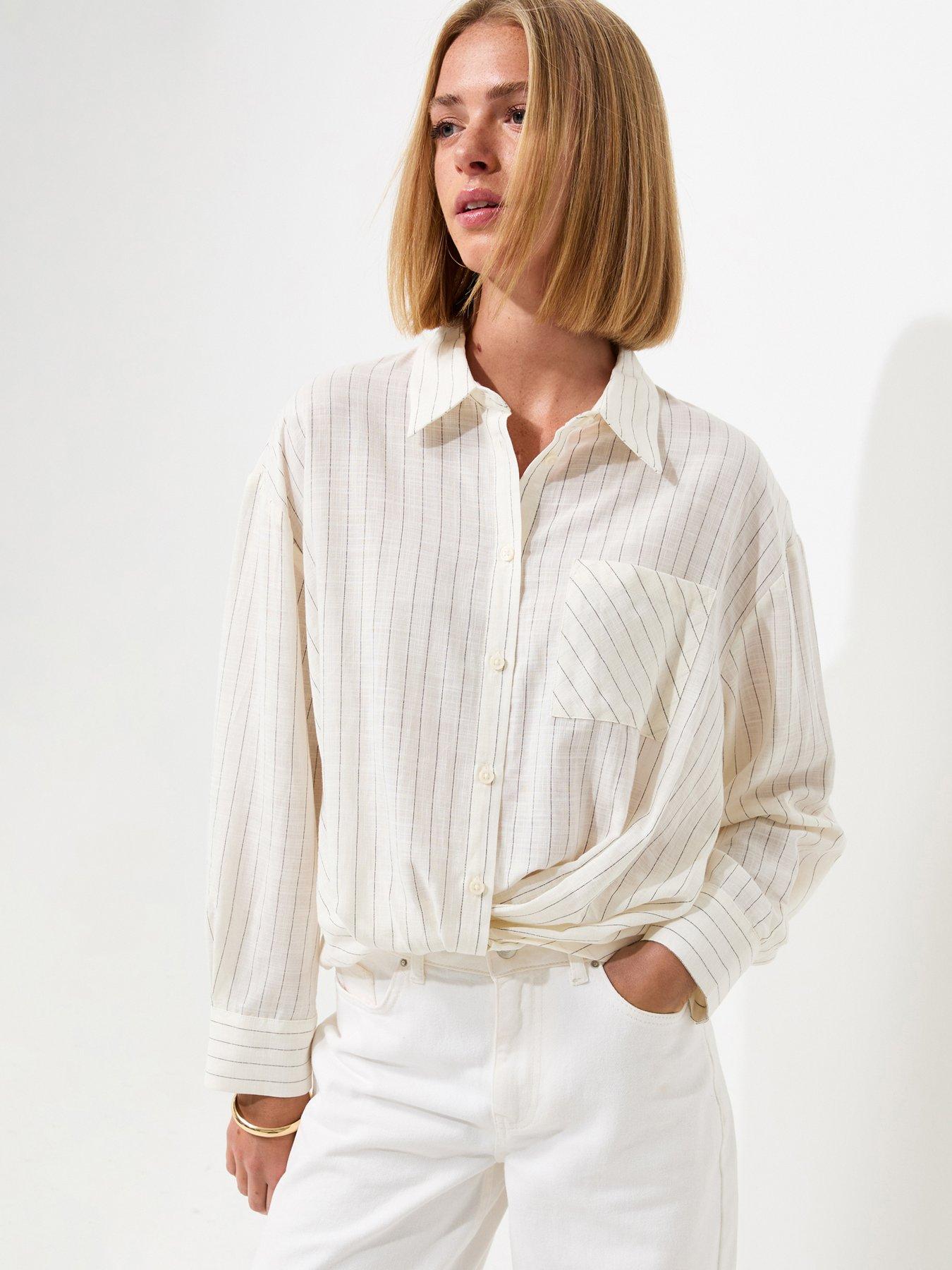 New Look Cotton Rich Striped Twist Front Long Sleeve Shirt - Cream