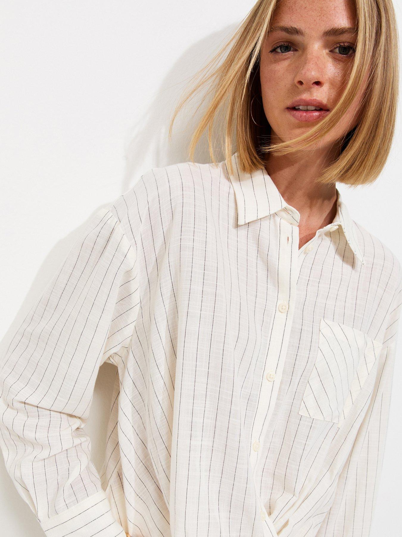 Image 5 of 5 of New Look Cotton Rich Striped Twist Front Long Sleeve Shirt - Cream