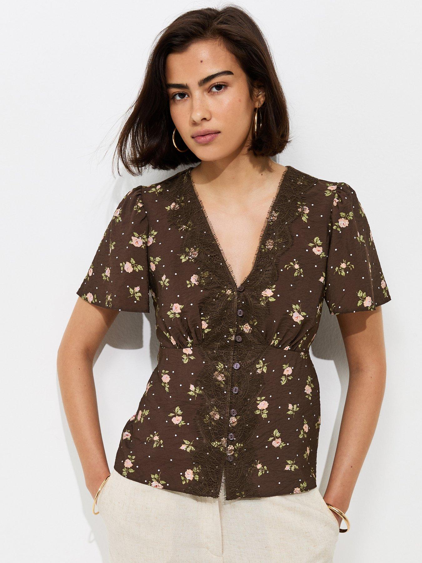 New Look Floral Spot Lace Trim Blouse - Brown