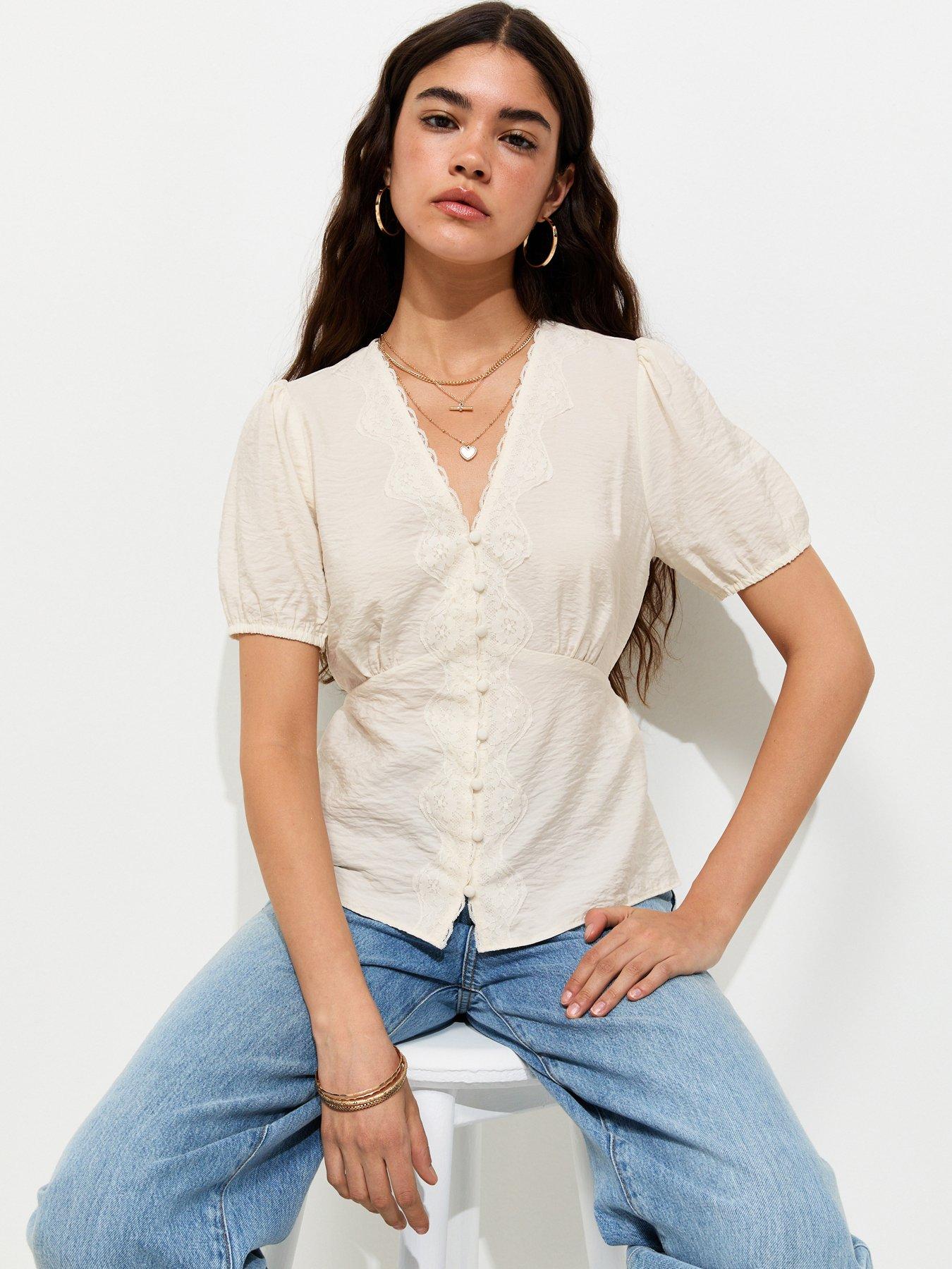New Look Lace Button Tea Blouse - White