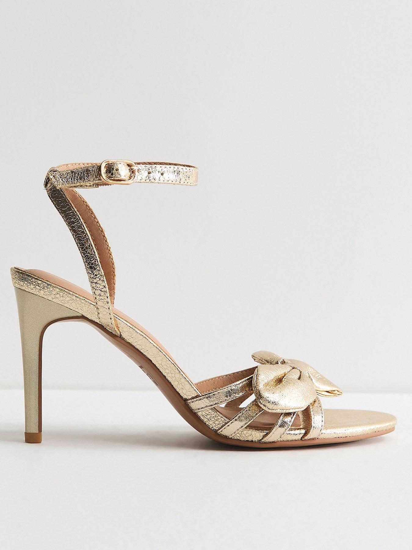 Image 2 of 5 of New Look Cracked Faux Leather Bow Strap Sandals - Gold