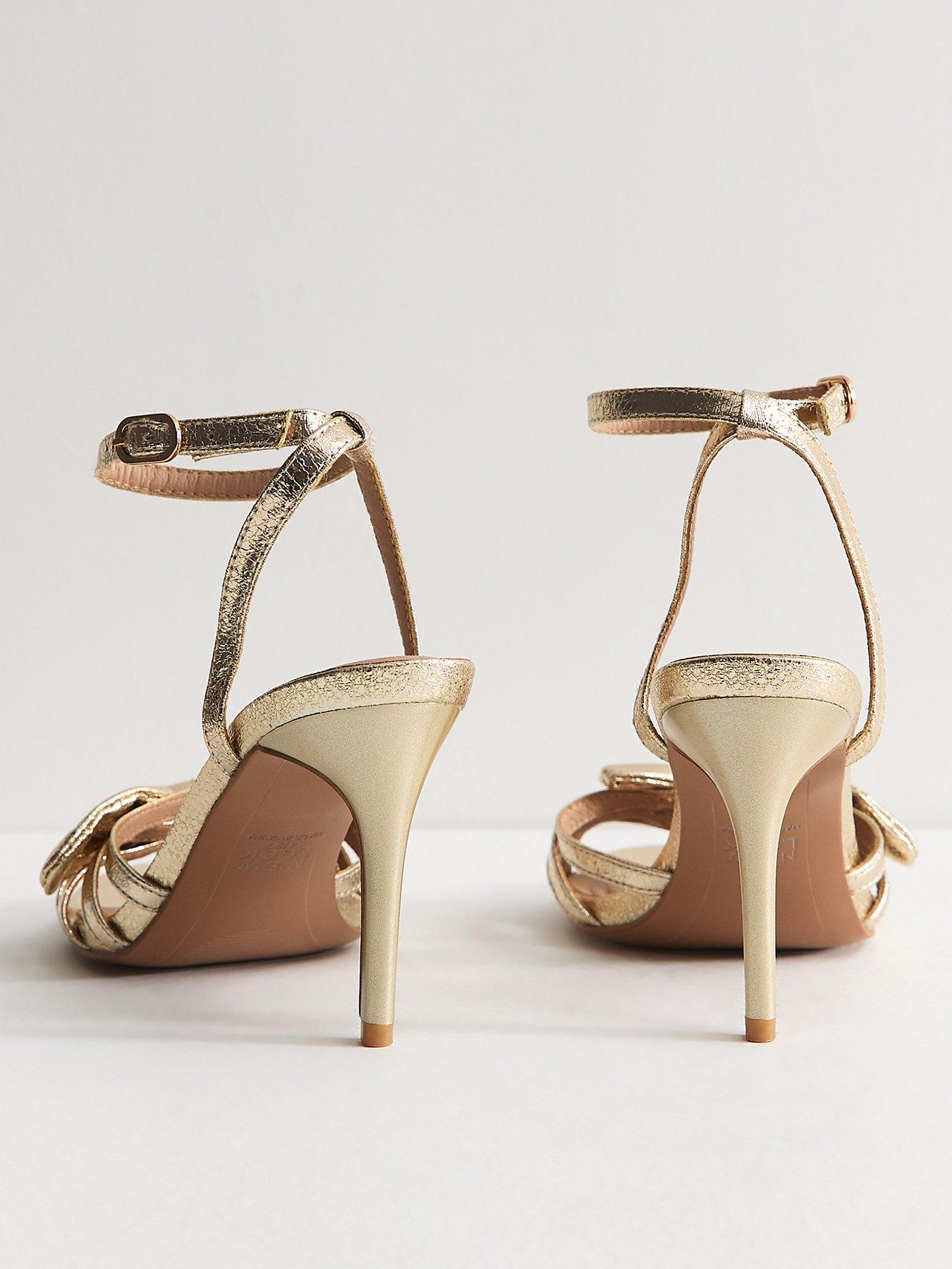 Image 4 of 5 of New Look Cracked Faux Leather Bow Strap Sandals - Gold