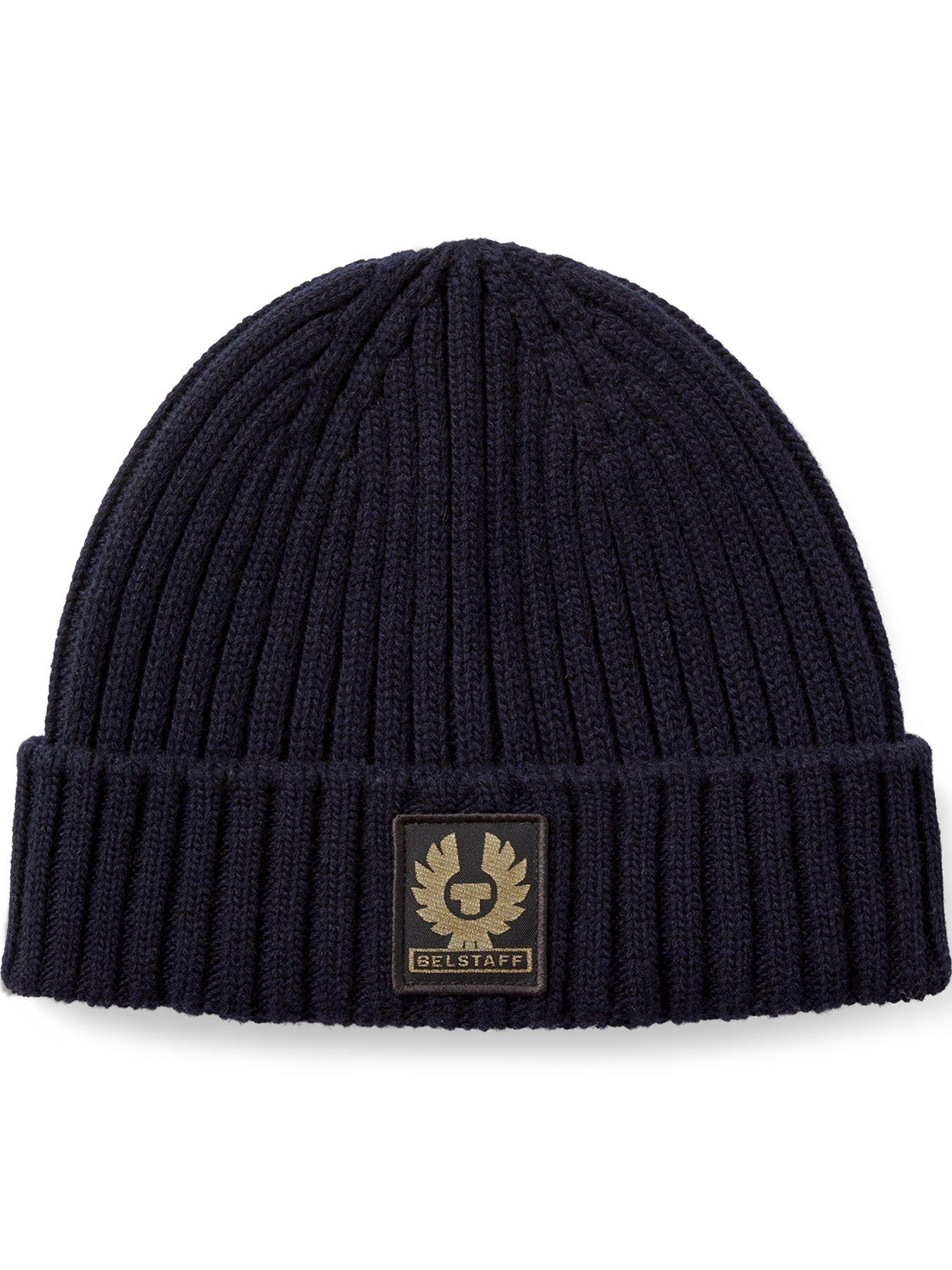 Image 1 of 3 of Belstaff Mens Ribbed Turn-Up Logo Patch Beanie Hat - Navy