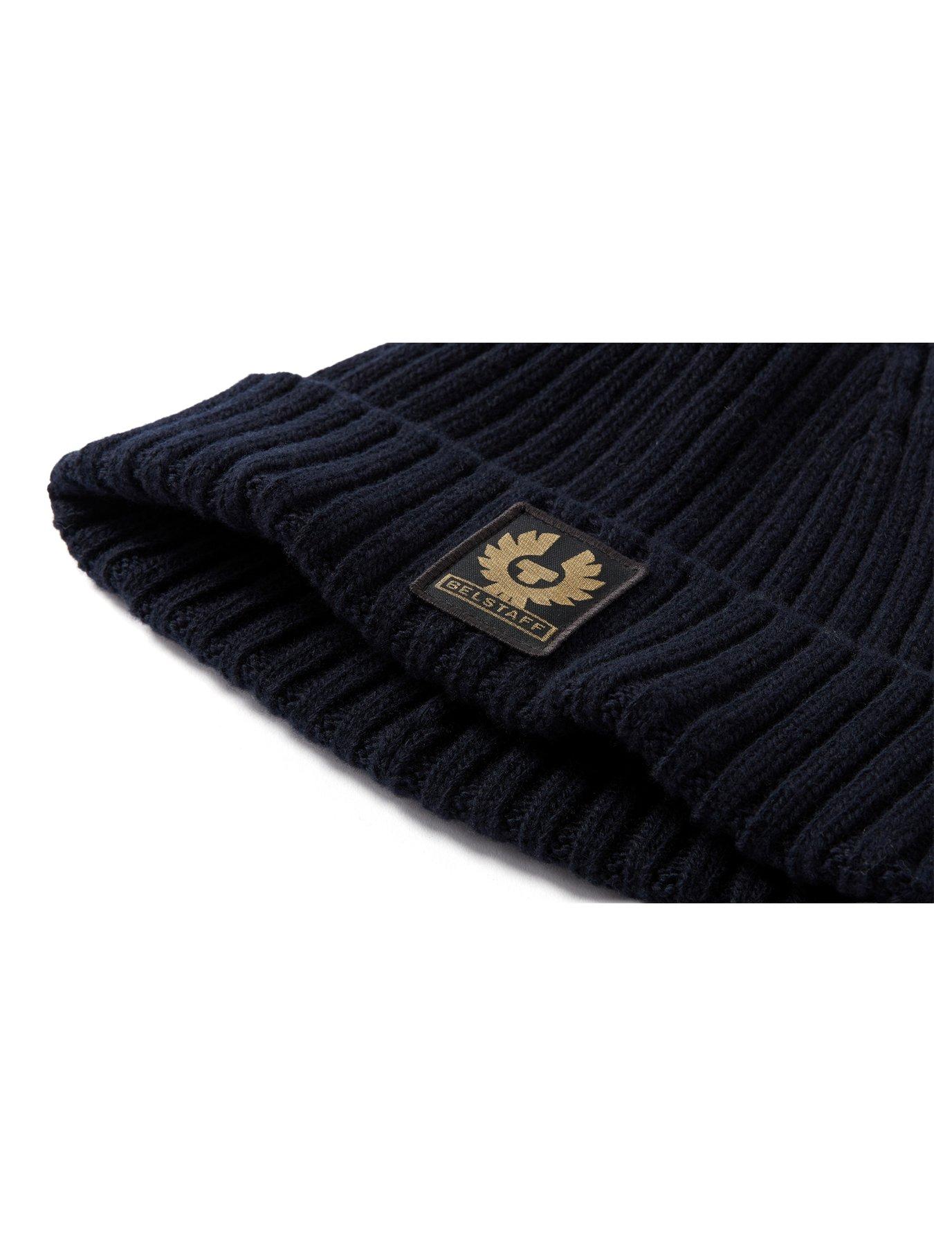 Image 3 of 3 of Belstaff Mens Ribbed Turn-Up Logo Patch Beanie Hat - Navy