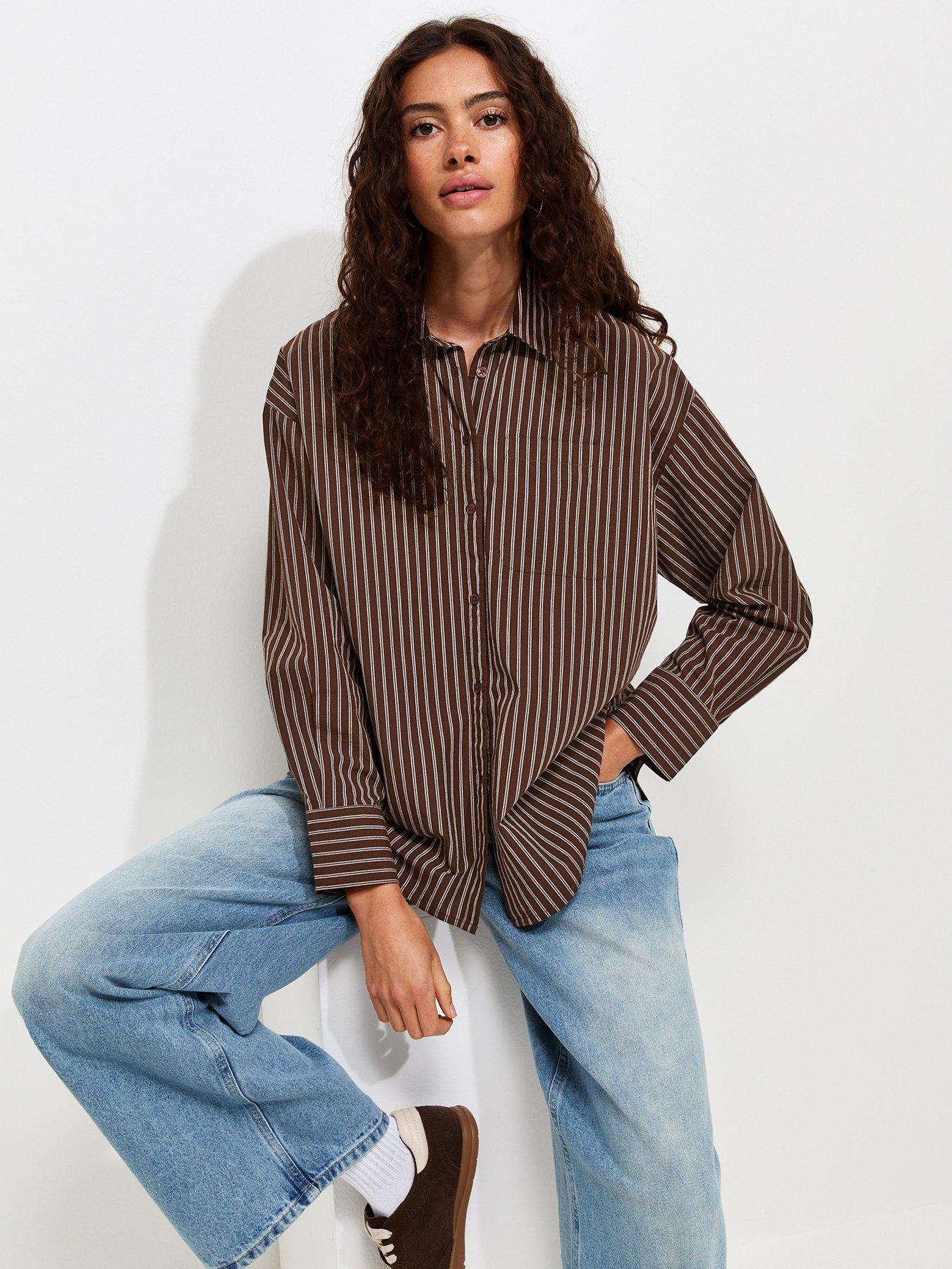New Look Cotton Poplin Striped Long Sleeve Shirt - Brown