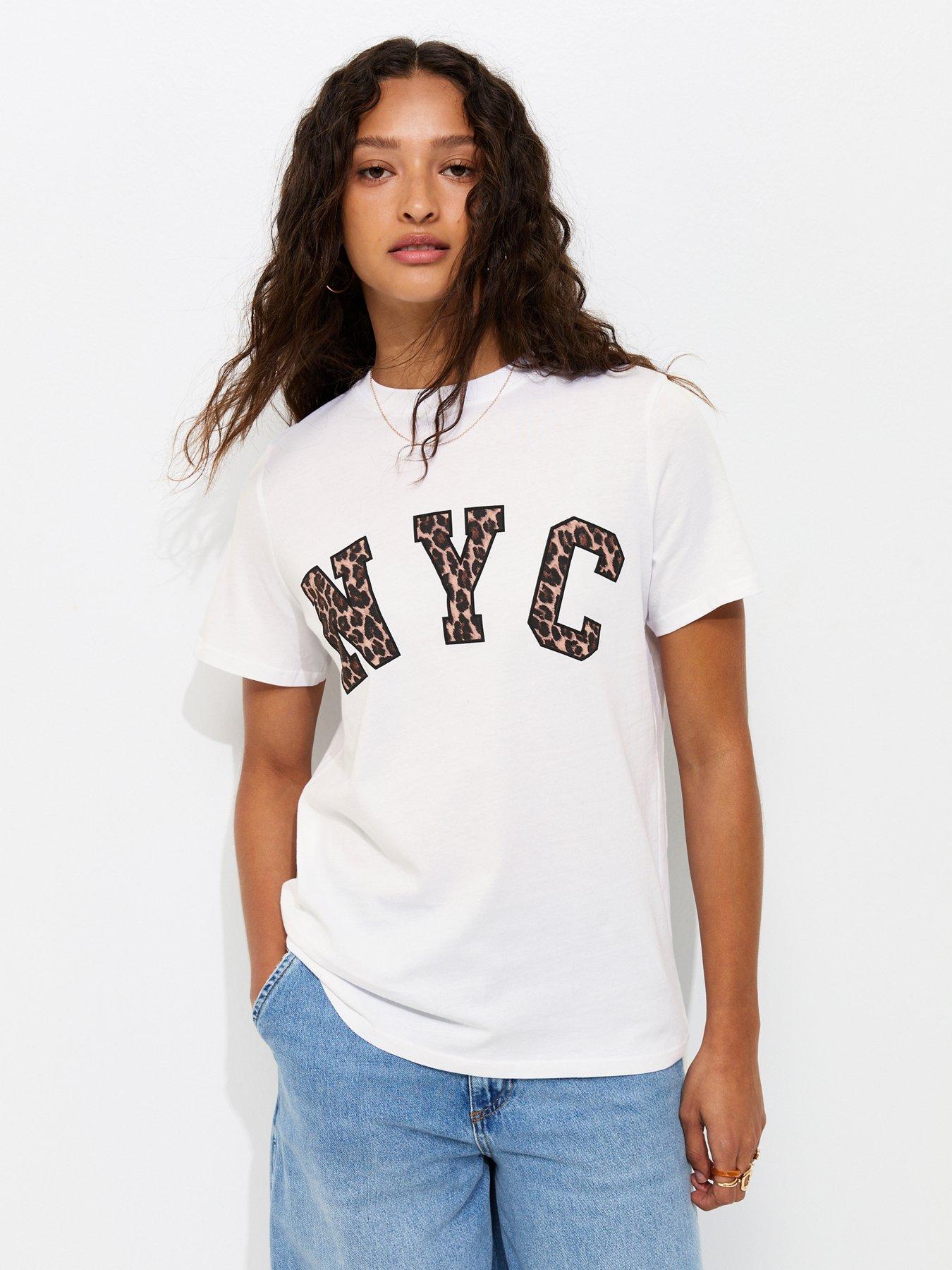 New Look Cotton Leopard Print Nyc Logo T-Shirt - White