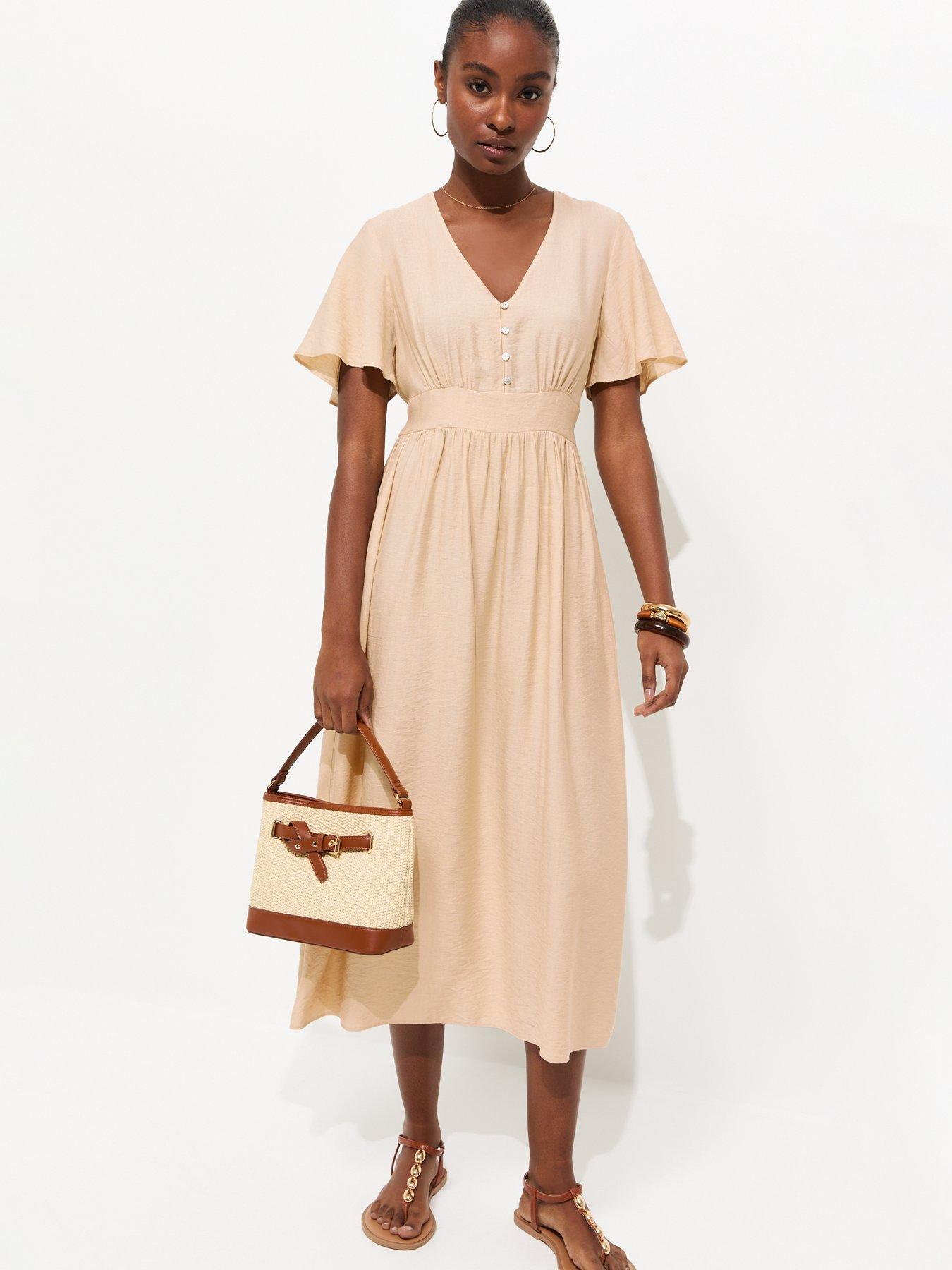 Image 3 of 5 of New Look Frill Sleeve V Neck Midi Dress - Cream
