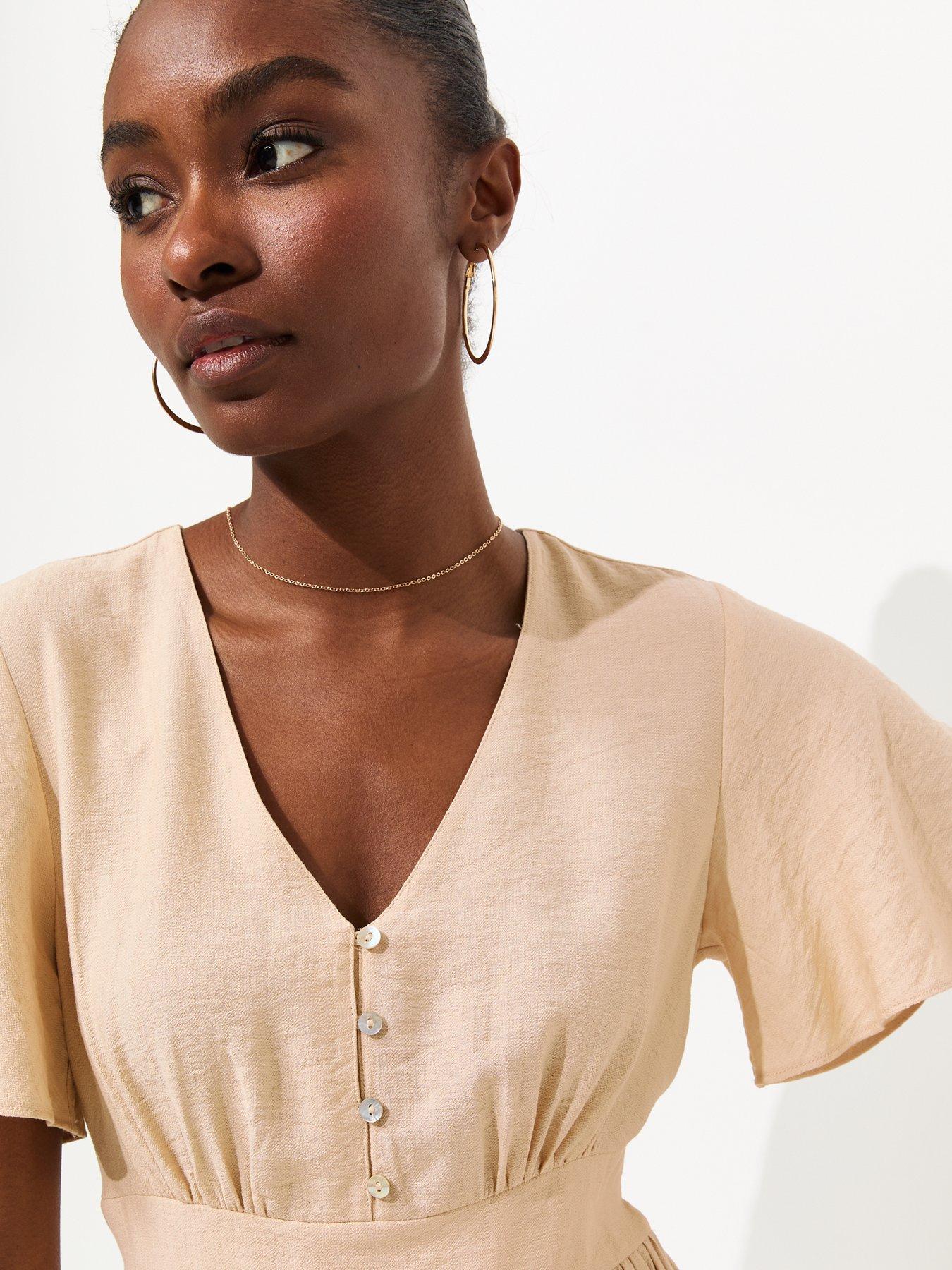 Image 4 of 5 of New Look Frill Sleeve V Neck Midi Dress - Cream
