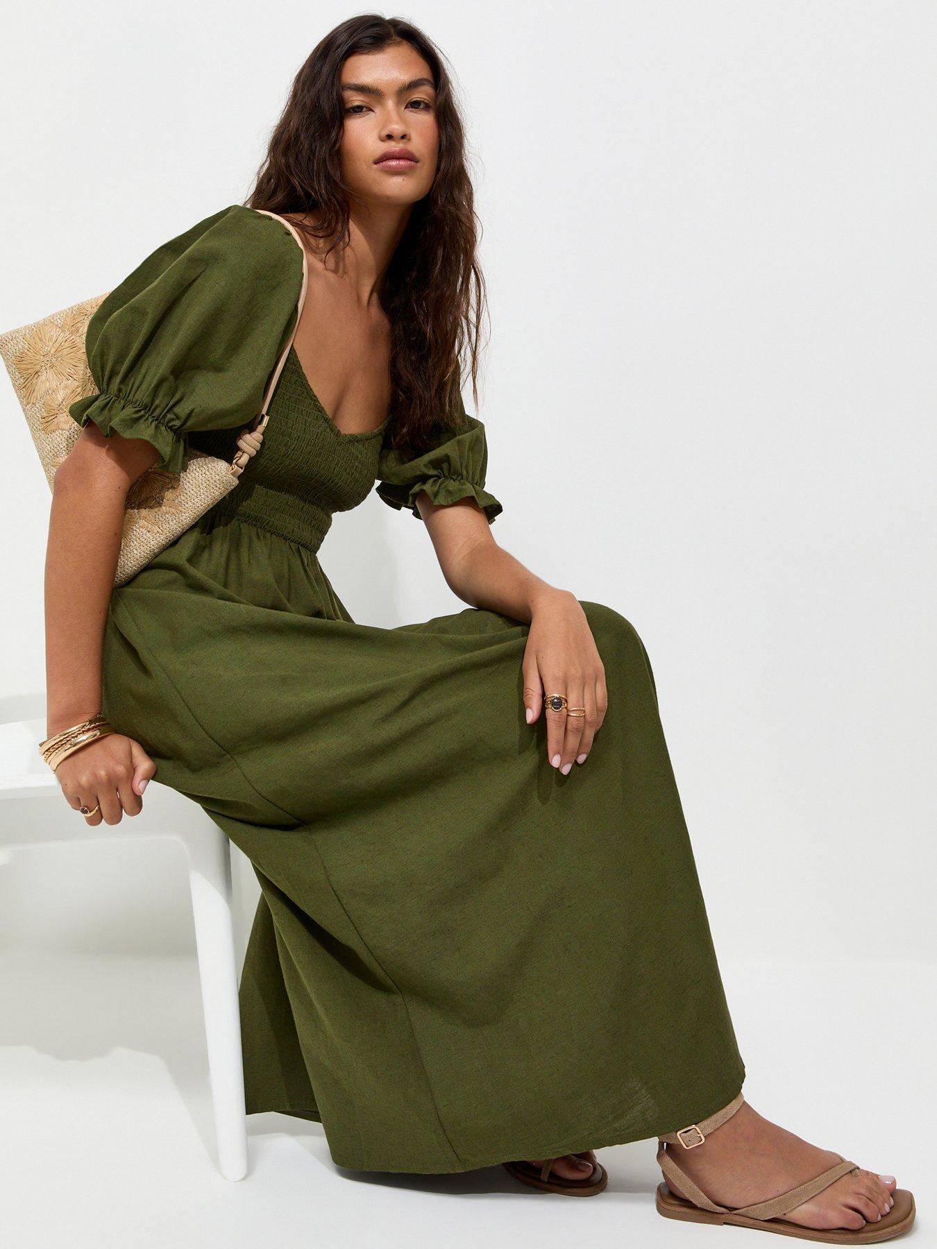 New Look Shirred Bodice Puff Sleeve Dress - Green