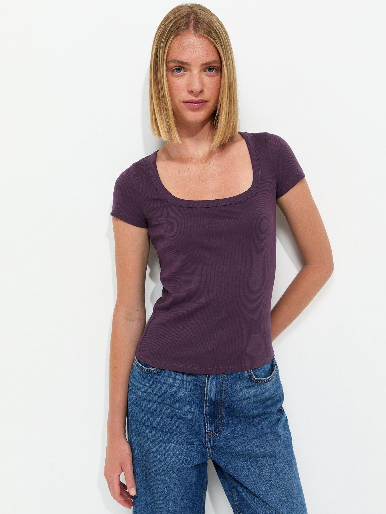 New Look Cotton Rich Square Neck T-Shirt - Purple
