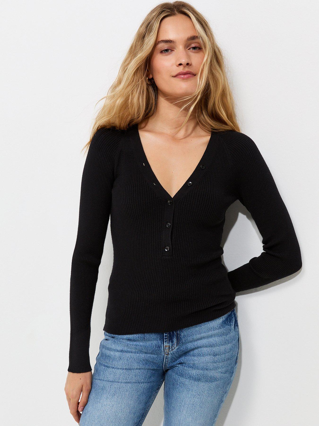 New Look Ribbed Knit Lightweight Henley Top - Black