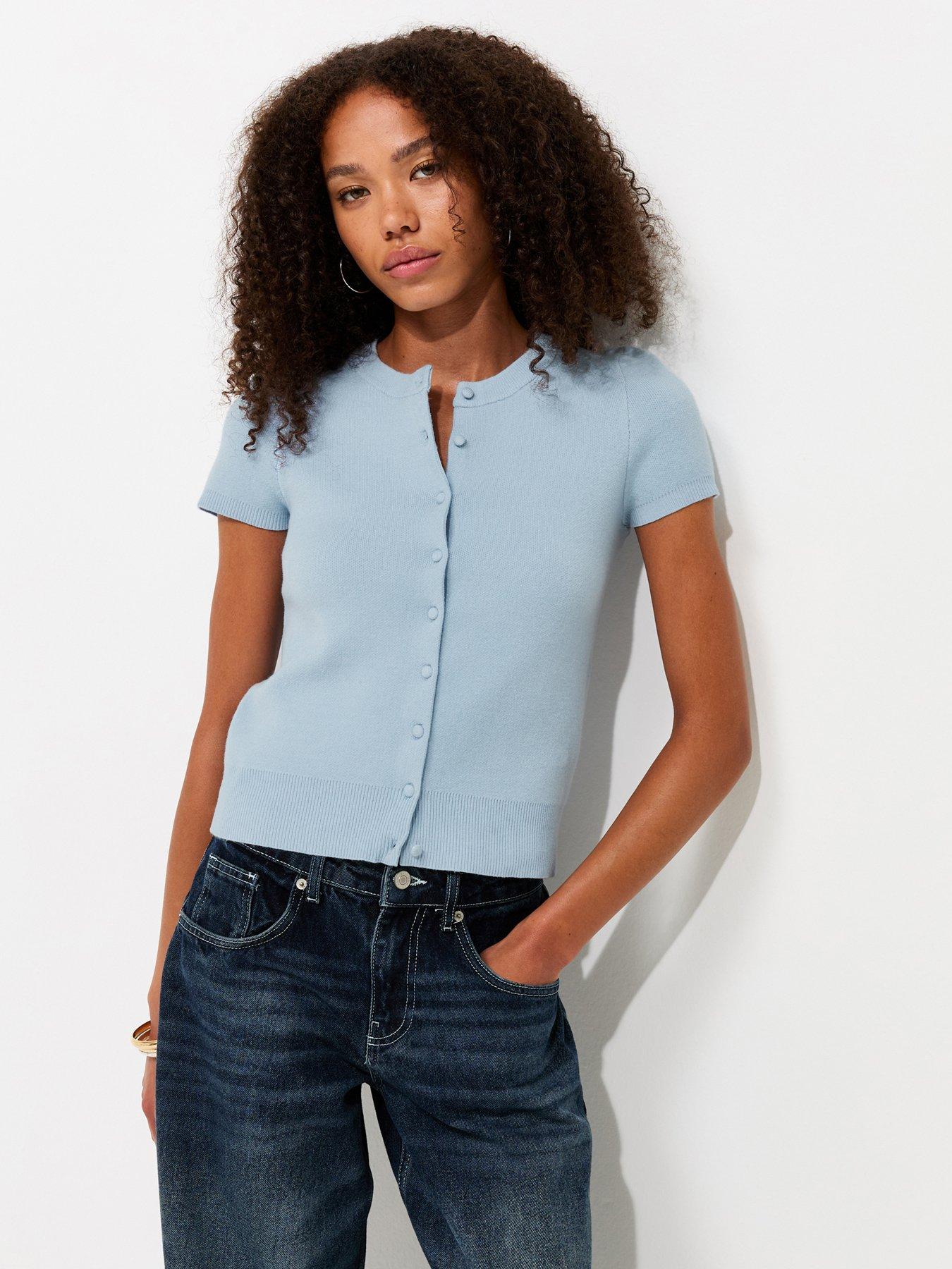 New Look Compact Knit Cap Sleeve Buttoned Top - Blue