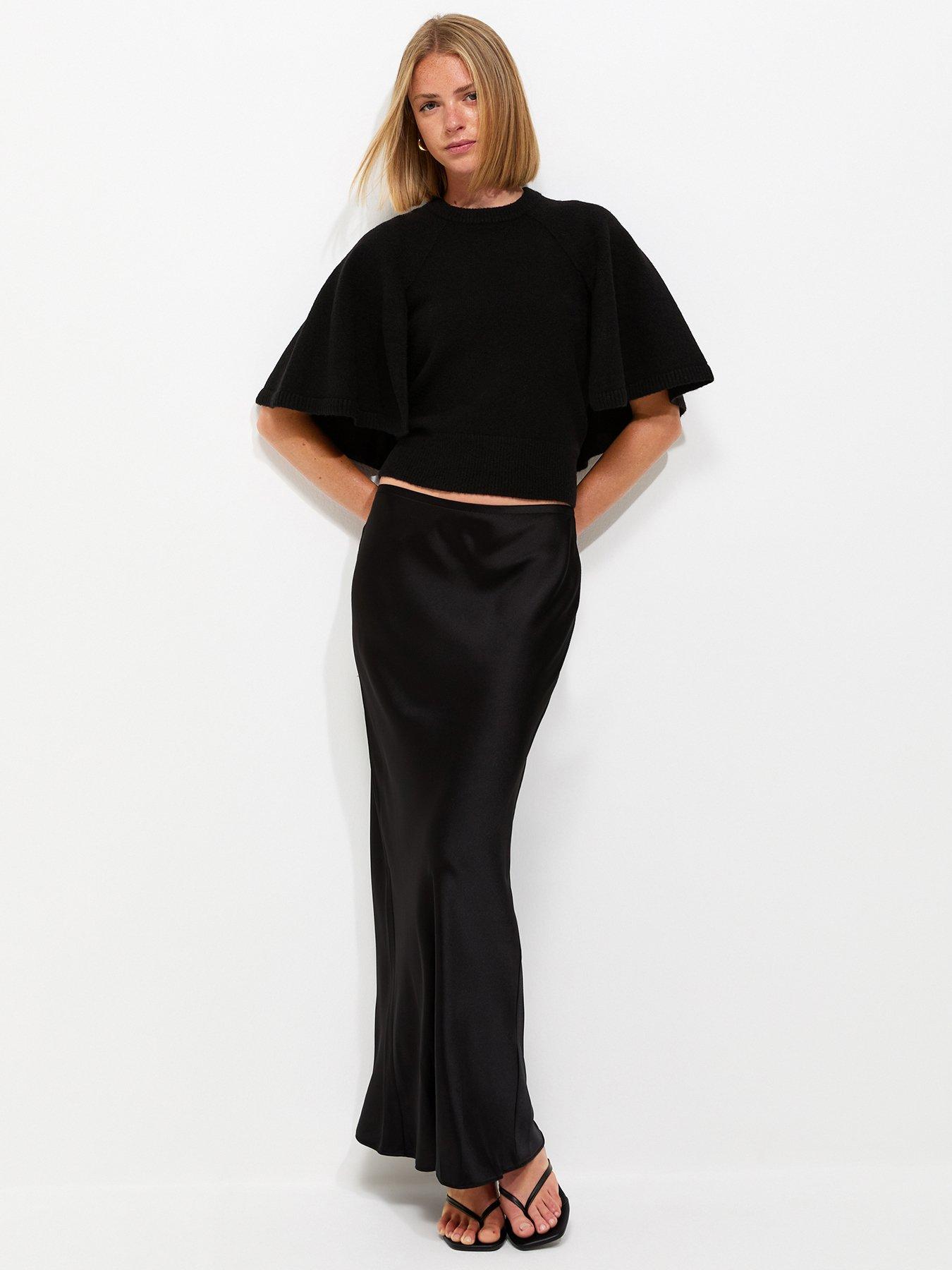 New Look Black Satin Bias Cut Midi Skirt