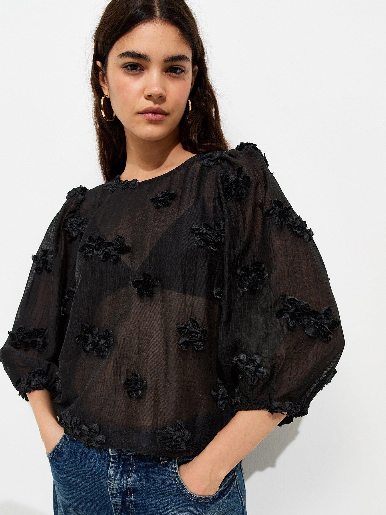 New Look Floral Appliqué Cropped Sleeve Smock Top - Black