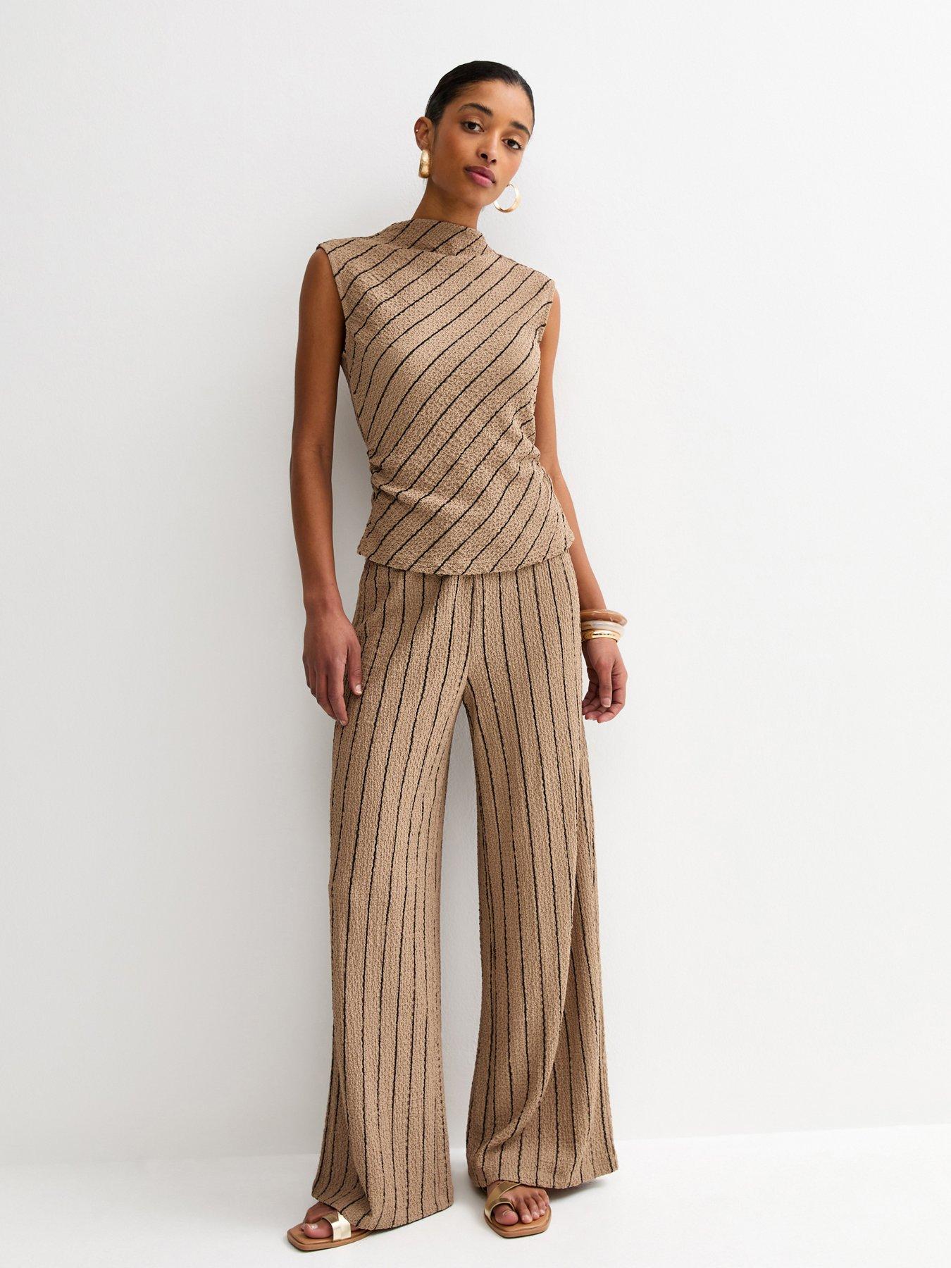 New Look Crinkled Striped Wide Leg Trousers - Brown