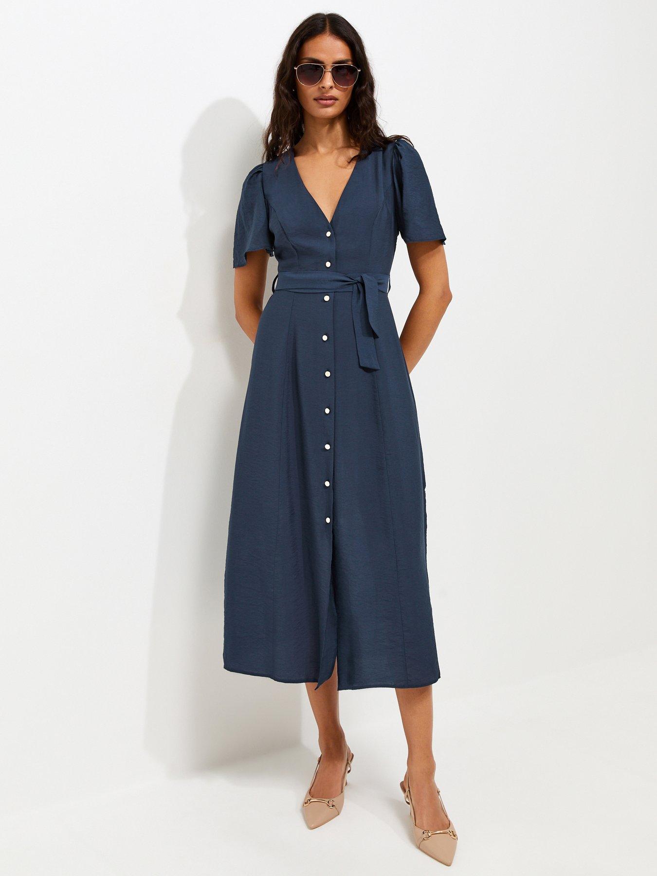 New Look Button Front Flutter Sleeve Midi Dress - Blue