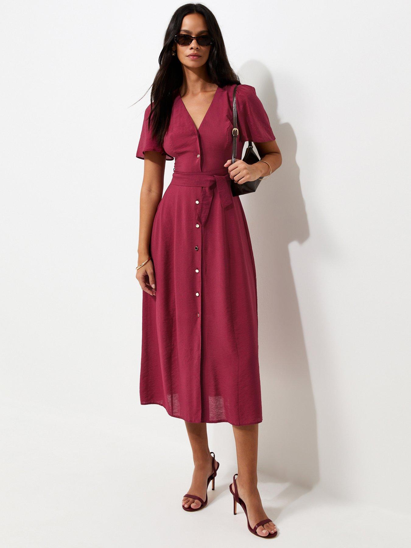 New Look Button Front Flutter Sleeve Midi Dress - Red