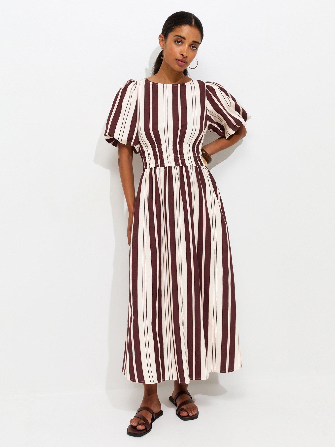 Image 1 of 5 of New Look Women's Cotton Striped Shirred Waist Puff Sleeve Midi Dress - Cream