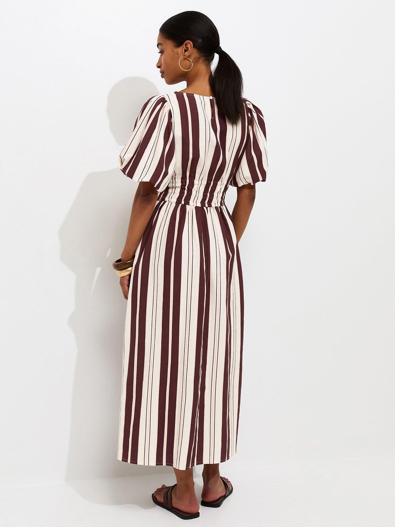 Image 2 of 5 of New Look Women's Cotton Striped Shirred Waist Puff Sleeve Midi Dress - Cream