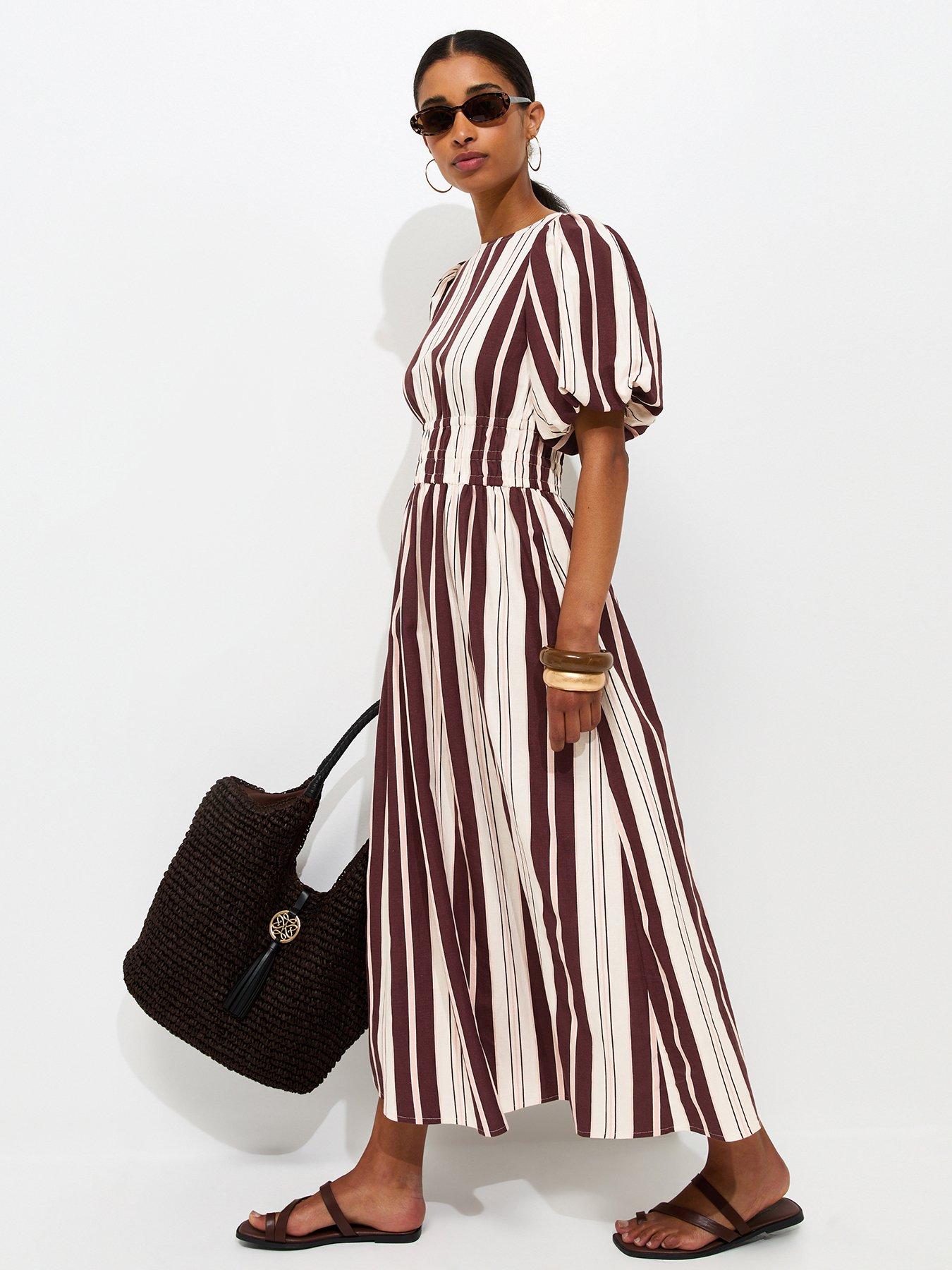 Image 3 of 5 of New Look Women's Cotton Striped Shirred Waist Puff Sleeve Midi Dress - Cream