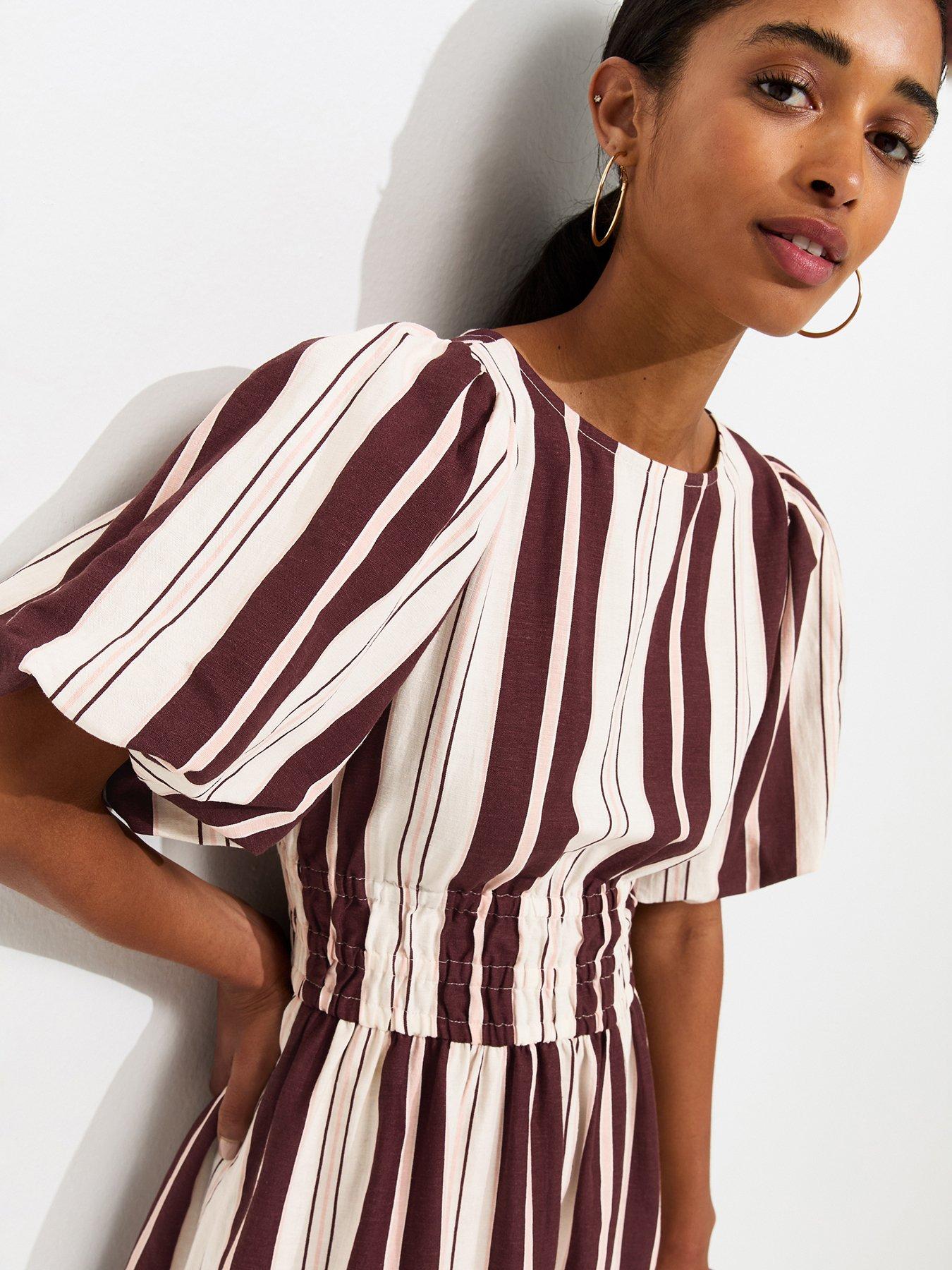 Image 4 of 5 of New Look Women's Cotton Striped Shirred Waist Puff Sleeve Midi Dress - Cream